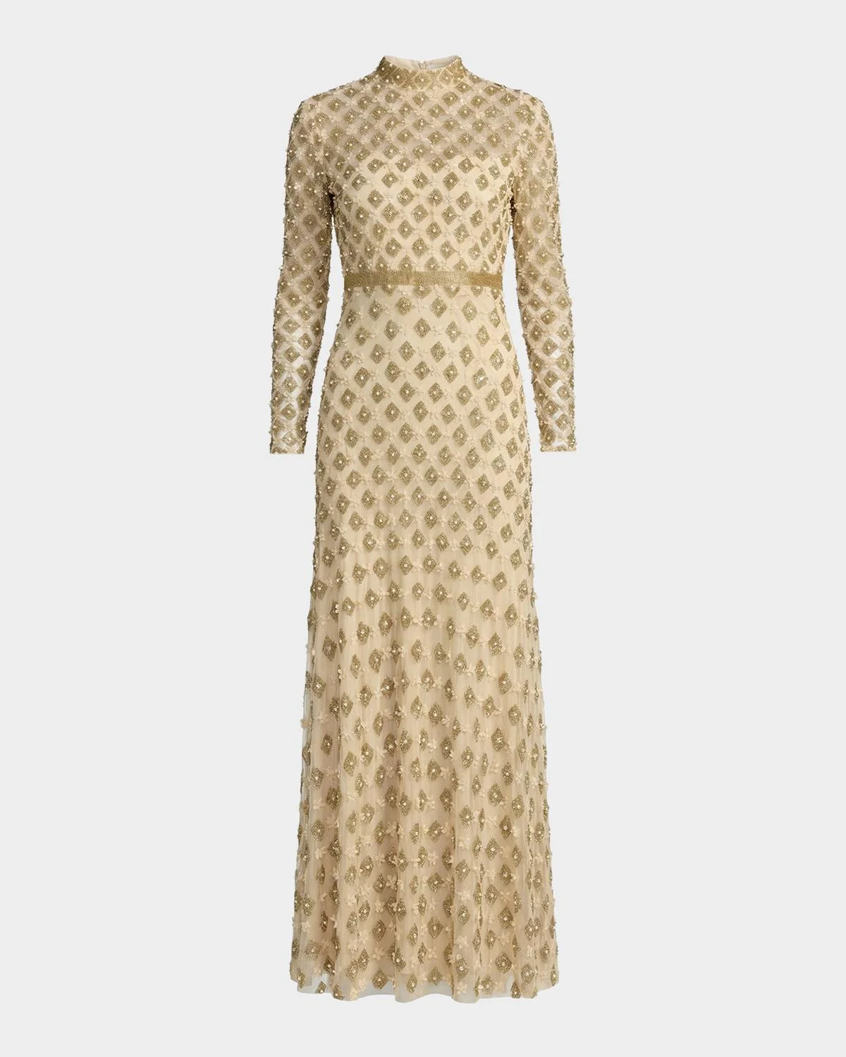 Beaded Mock-Neck Mesh Gown - 1