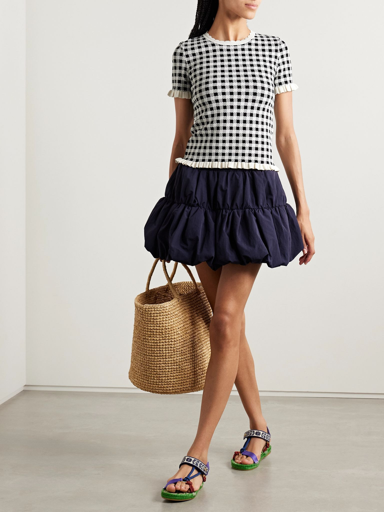 Saige ruffled gingham jacquard-knit top Black - 2