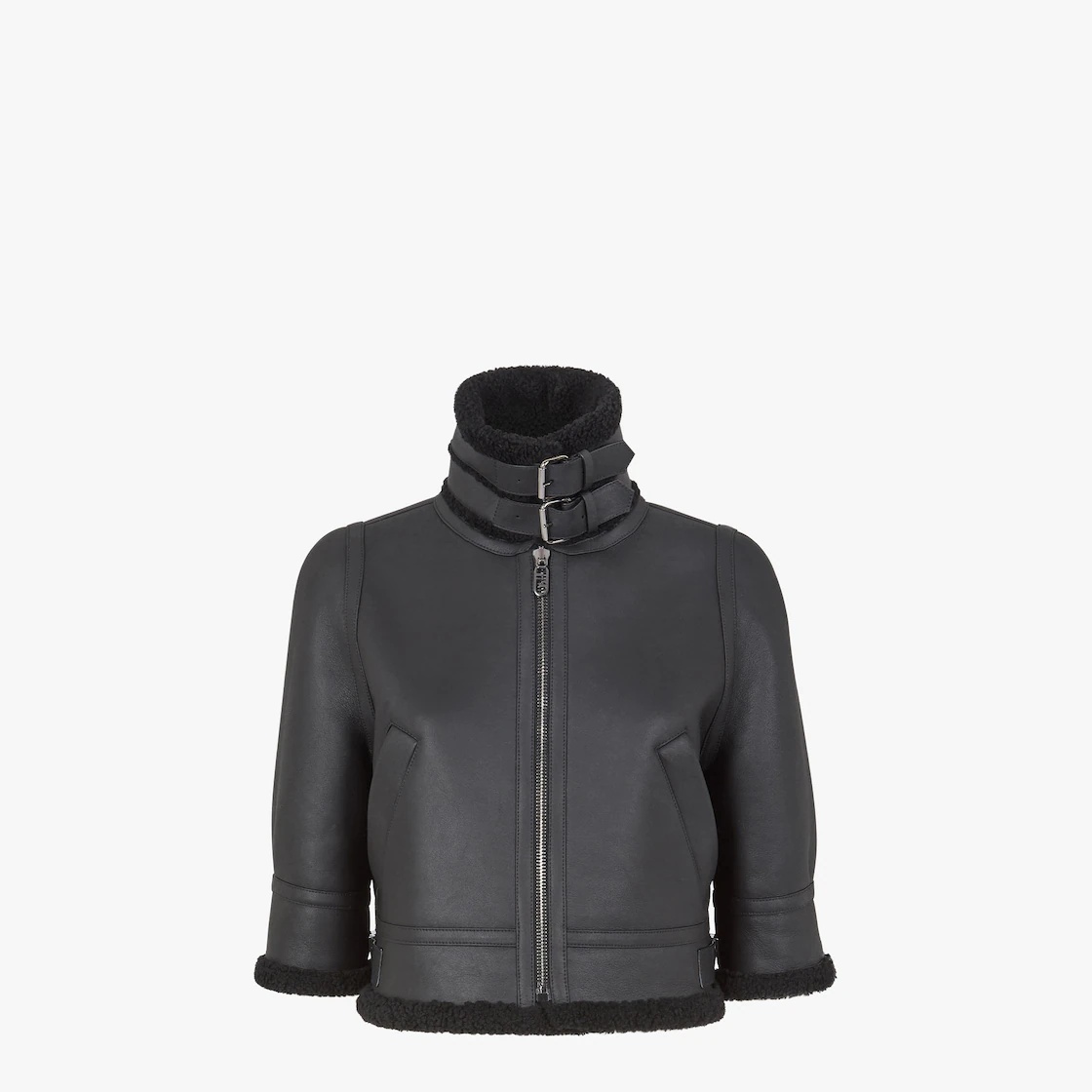 Black leather and shearling bomber jacket - 1