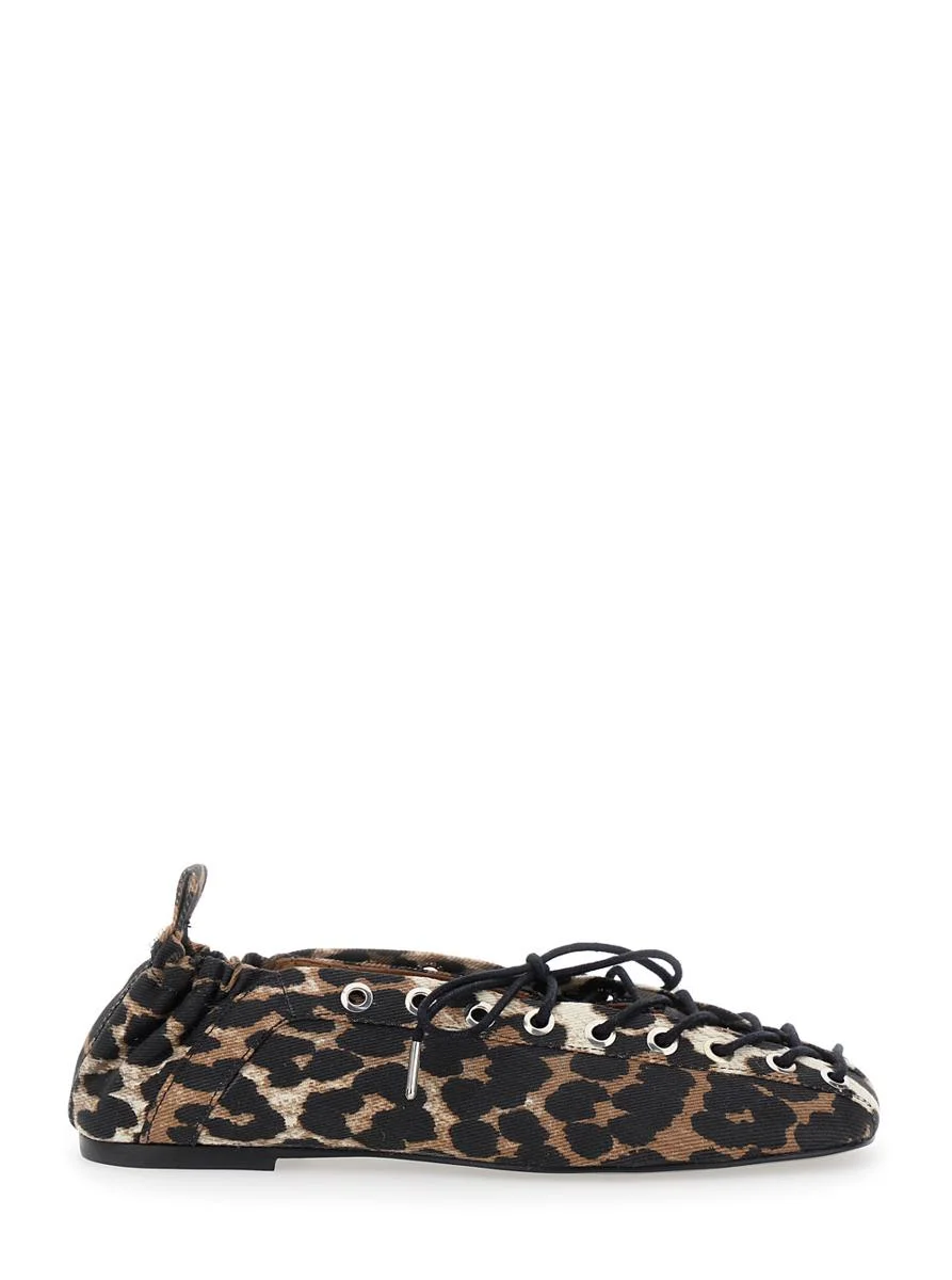 Ganni Brown Lace-Up Ballerinas With Metal Eyelets And All-Over Print In Fabric Woman - 1