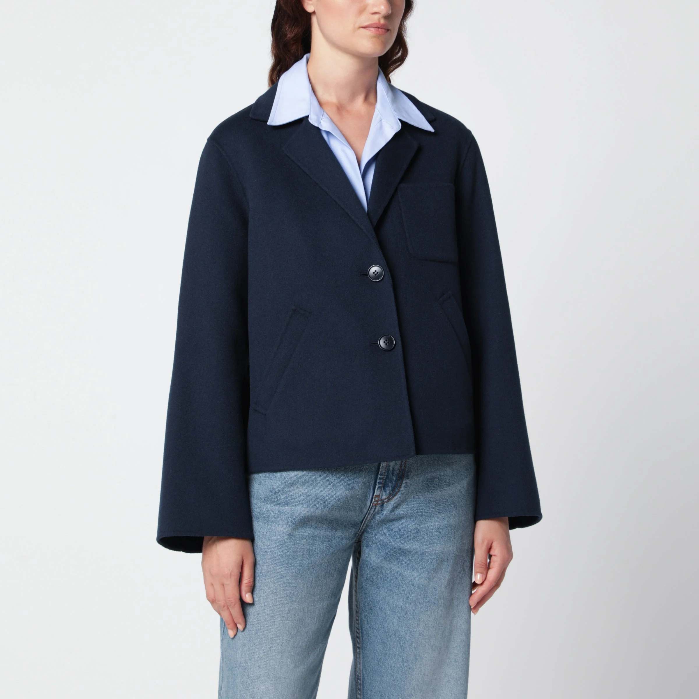 Blue cropped jacket in wool-blend cloth - 1