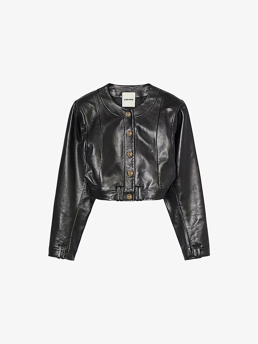 Sandro Cropped-fit round-neck leather jacket selfridges REVERSIBLE
