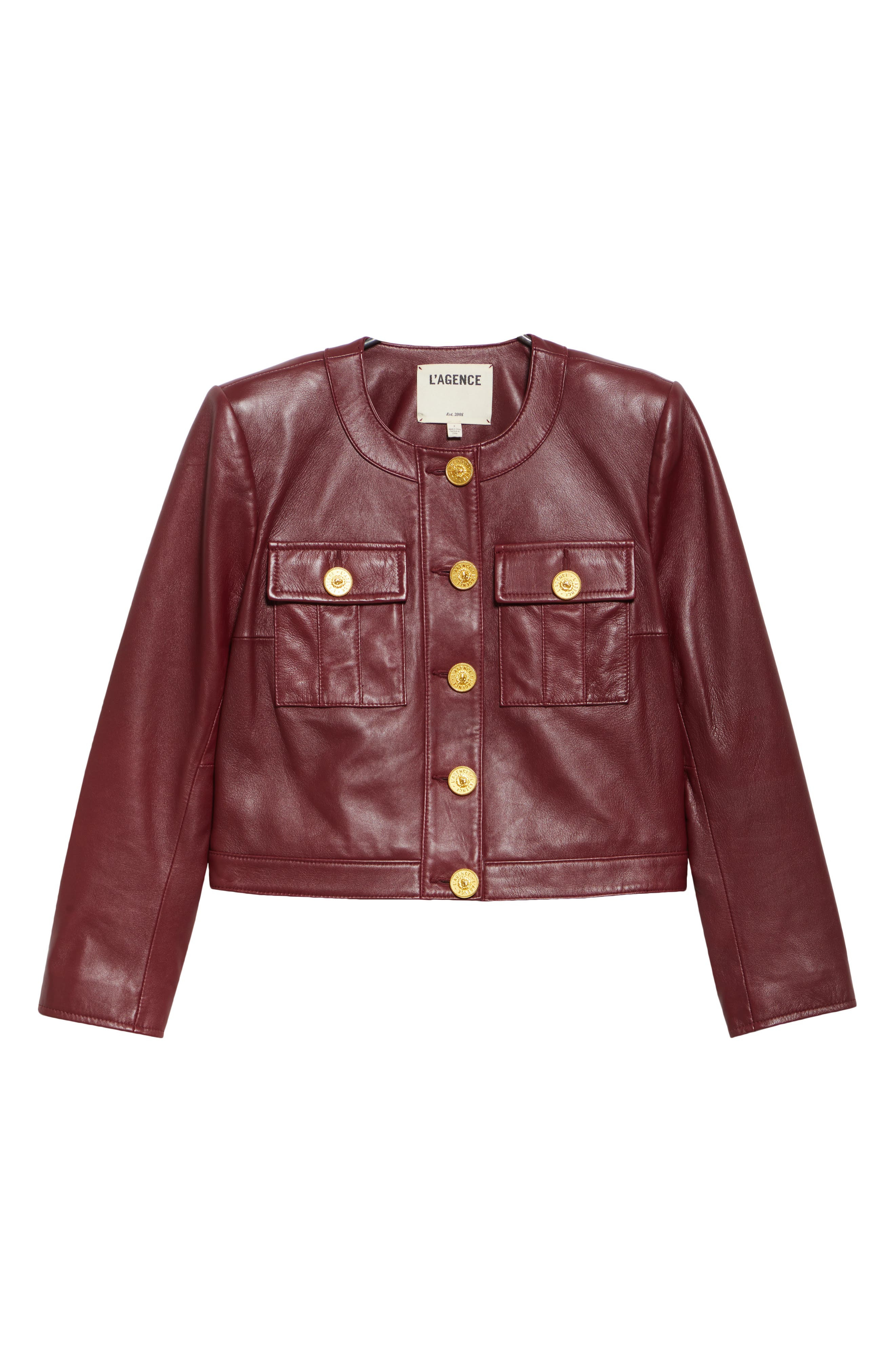 L'AGENCE Deidra Lambskin Leather Crop Jacket in Black Cherry at Nordstrom - 7