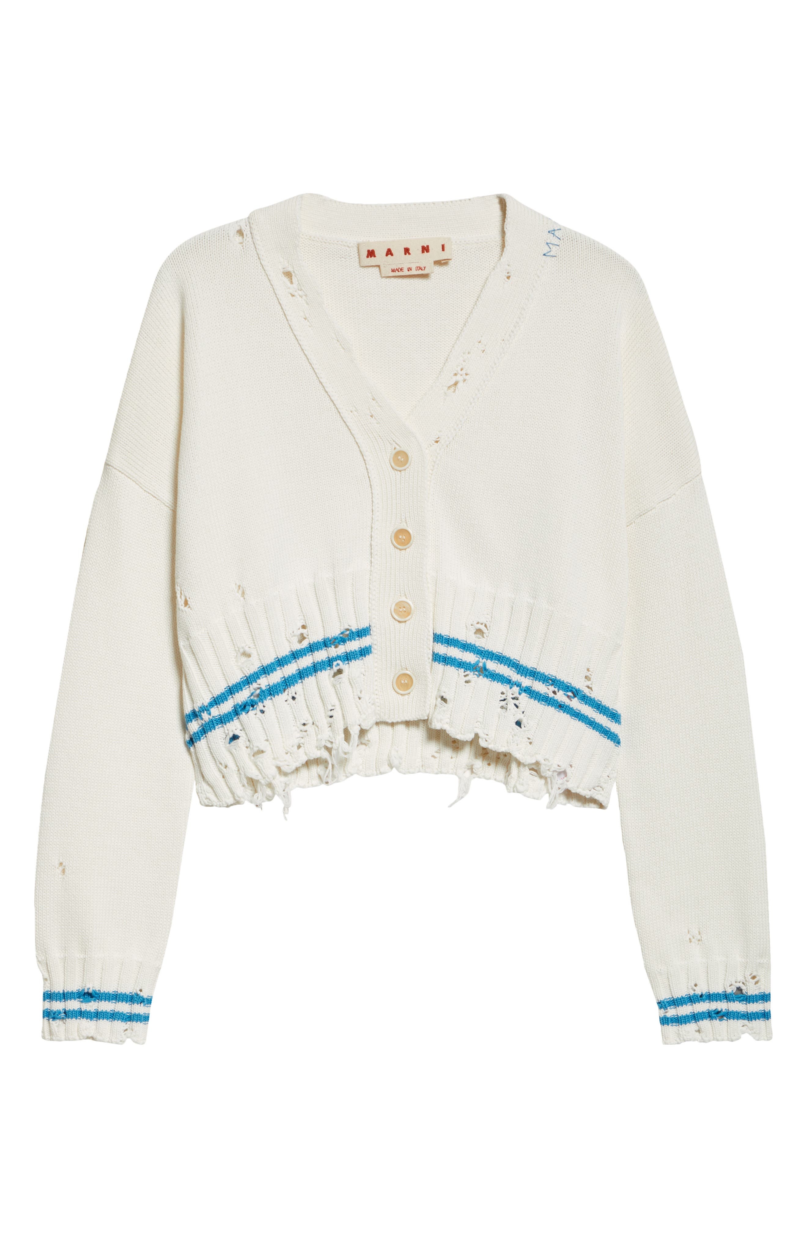 Marni Mending Logo Distressed Boxy Cotton Cardigan in V2W01 Lily White at Nordstrom - 6