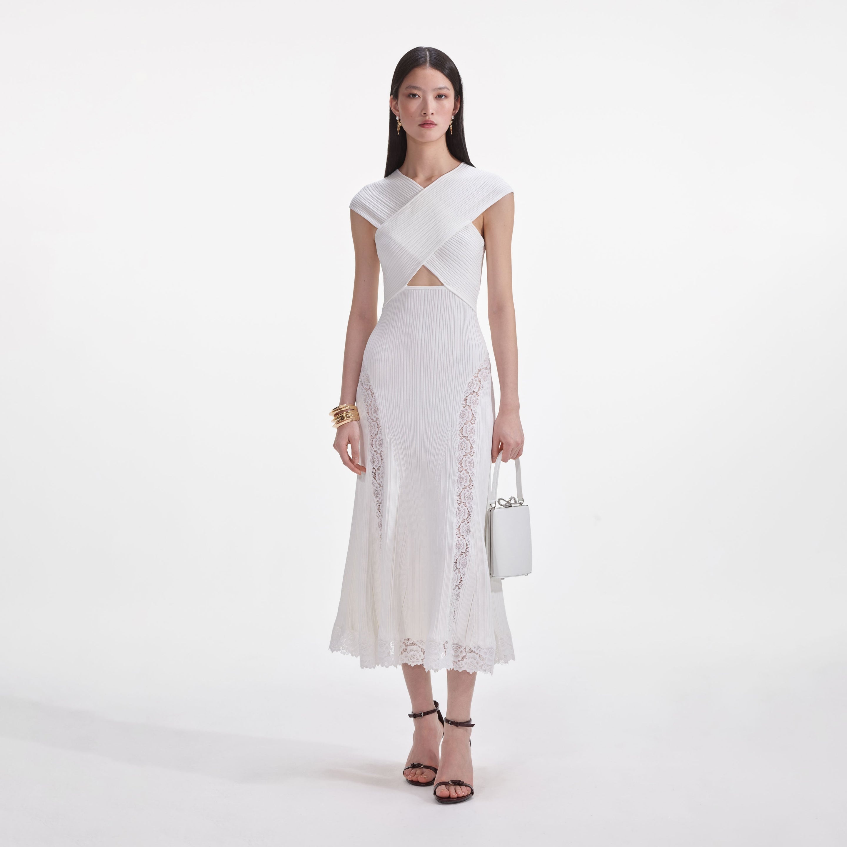 self-portrait White Knit Lace Insert Midi Dress - SS25-026M-W | REVERSIBLE