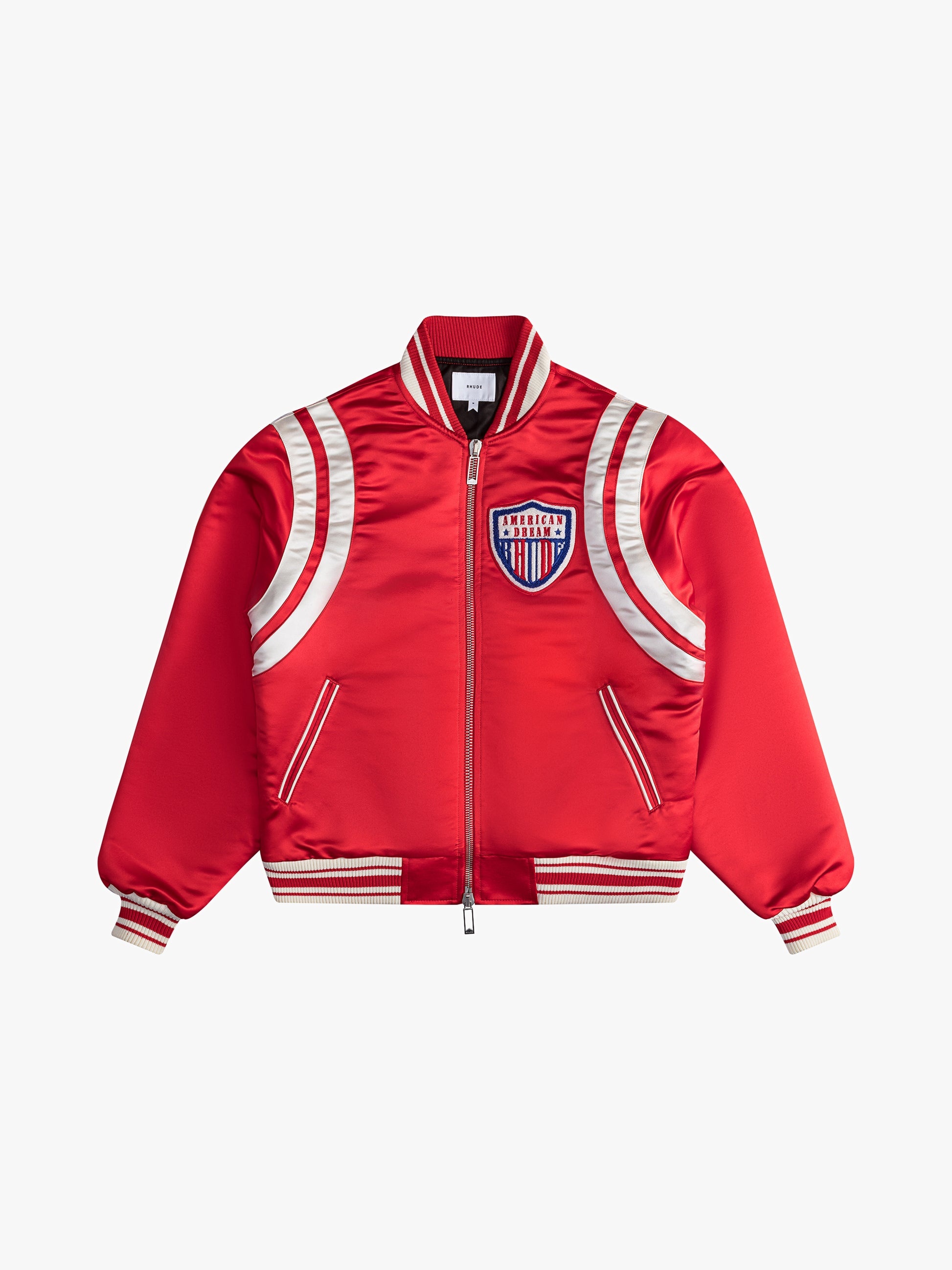 RED SATIN VARSITY JACKET - 1