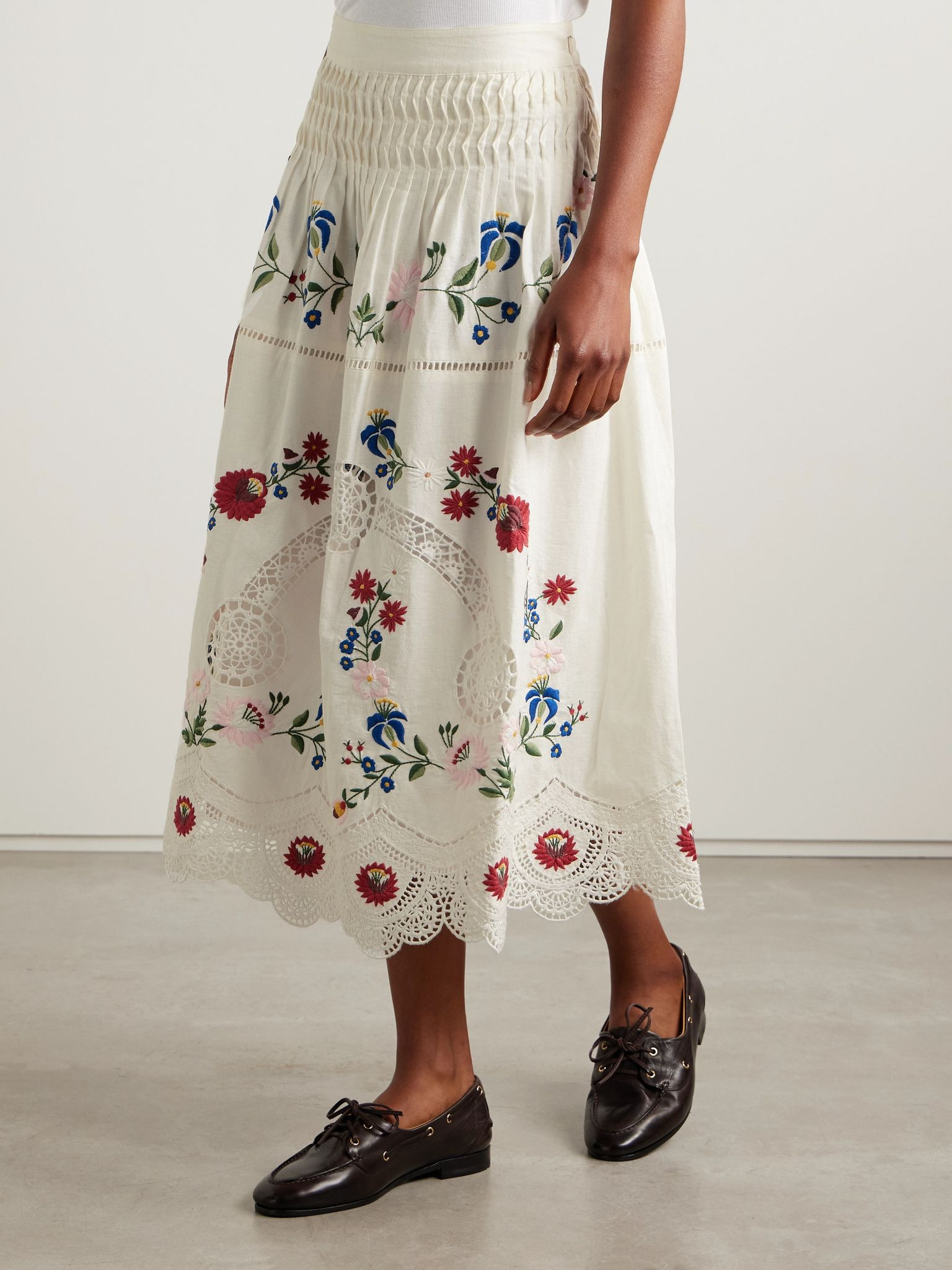 Celia broderie anglaise cotton and linen-blend midi skirt Cream - 3