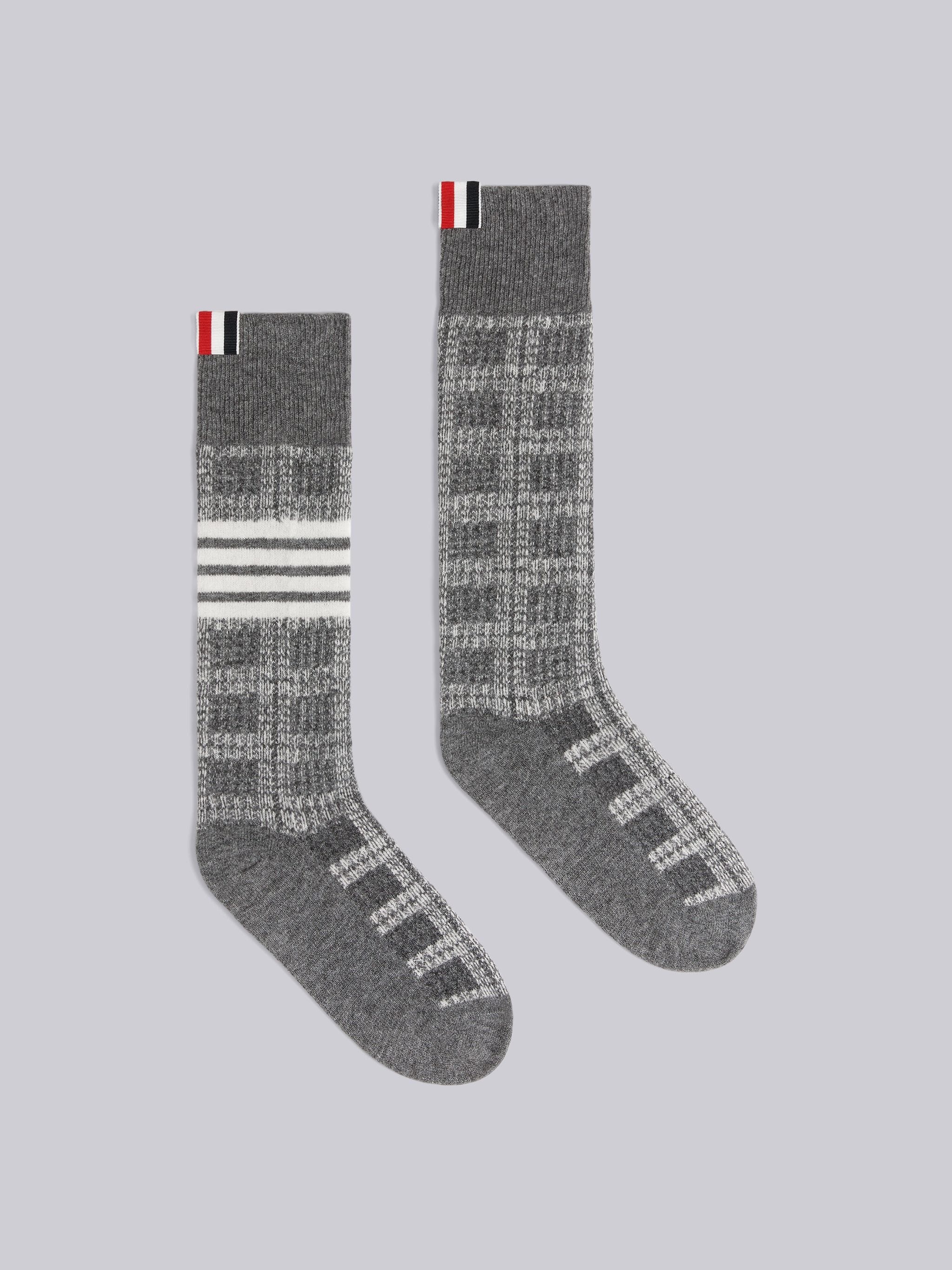 Grey Grid Windowpane Check Jacquard Wool 4-Bar Over the Calf Socks - 1