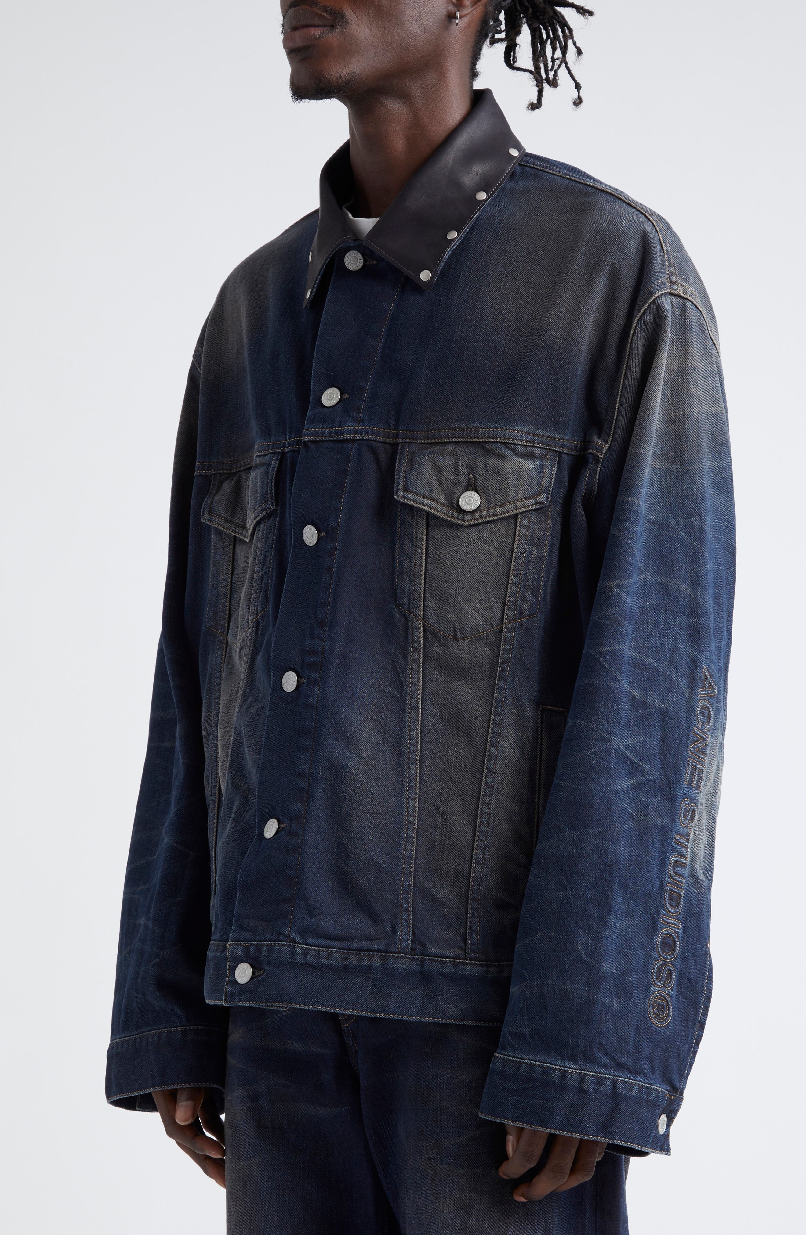 Acne Studios Leather Collar Oversize Denim Jacket in Dark Blue at Nordstrom - 5