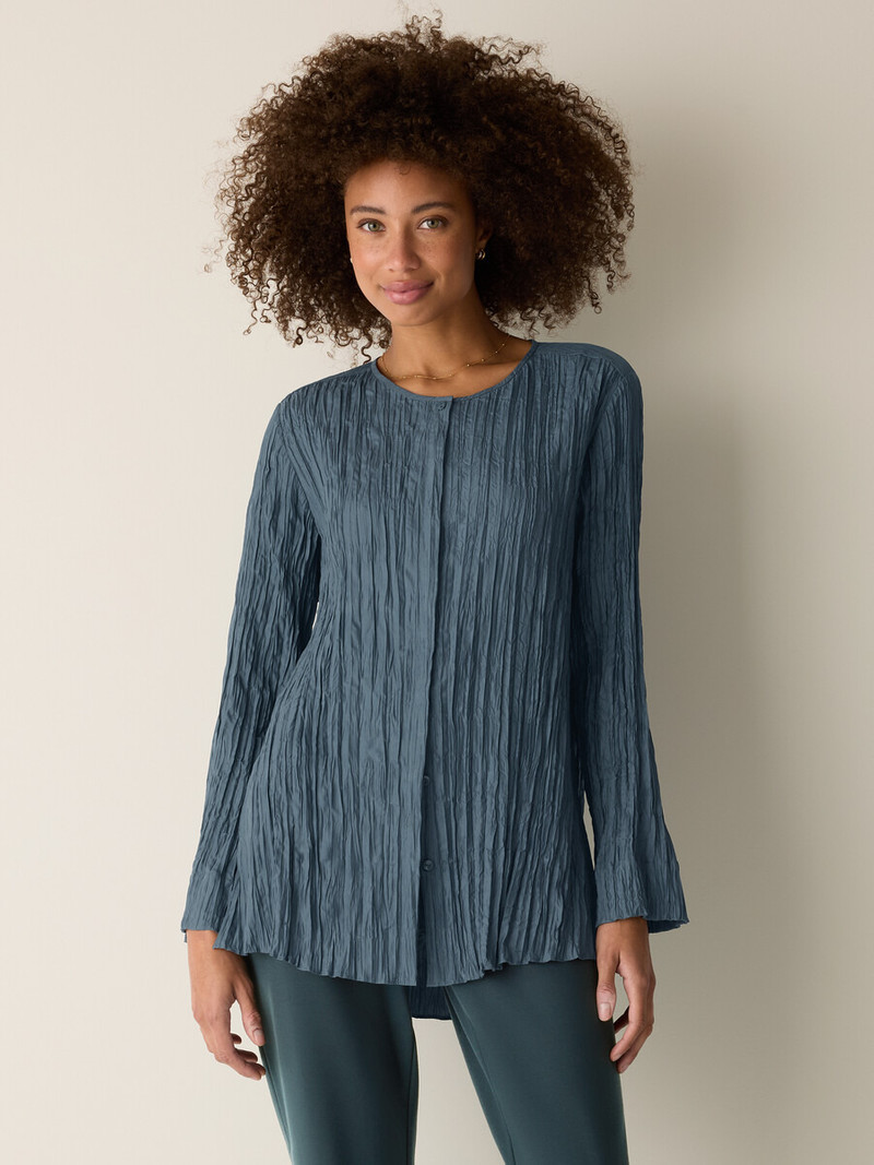 Crinkle Silk Habutai Round Neck Shirt 3