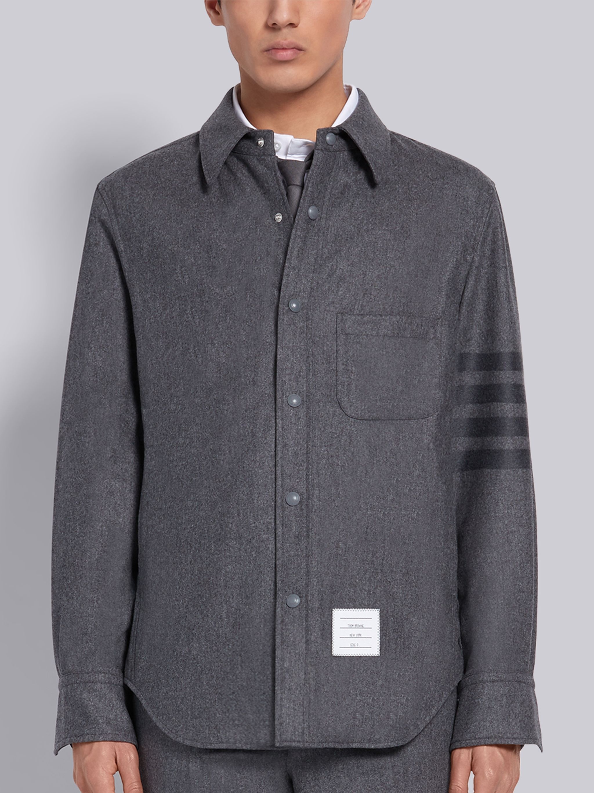 Medium Grey Wool Cashmere Flannel Tonal 4-Bar Shirt Jacket - 1