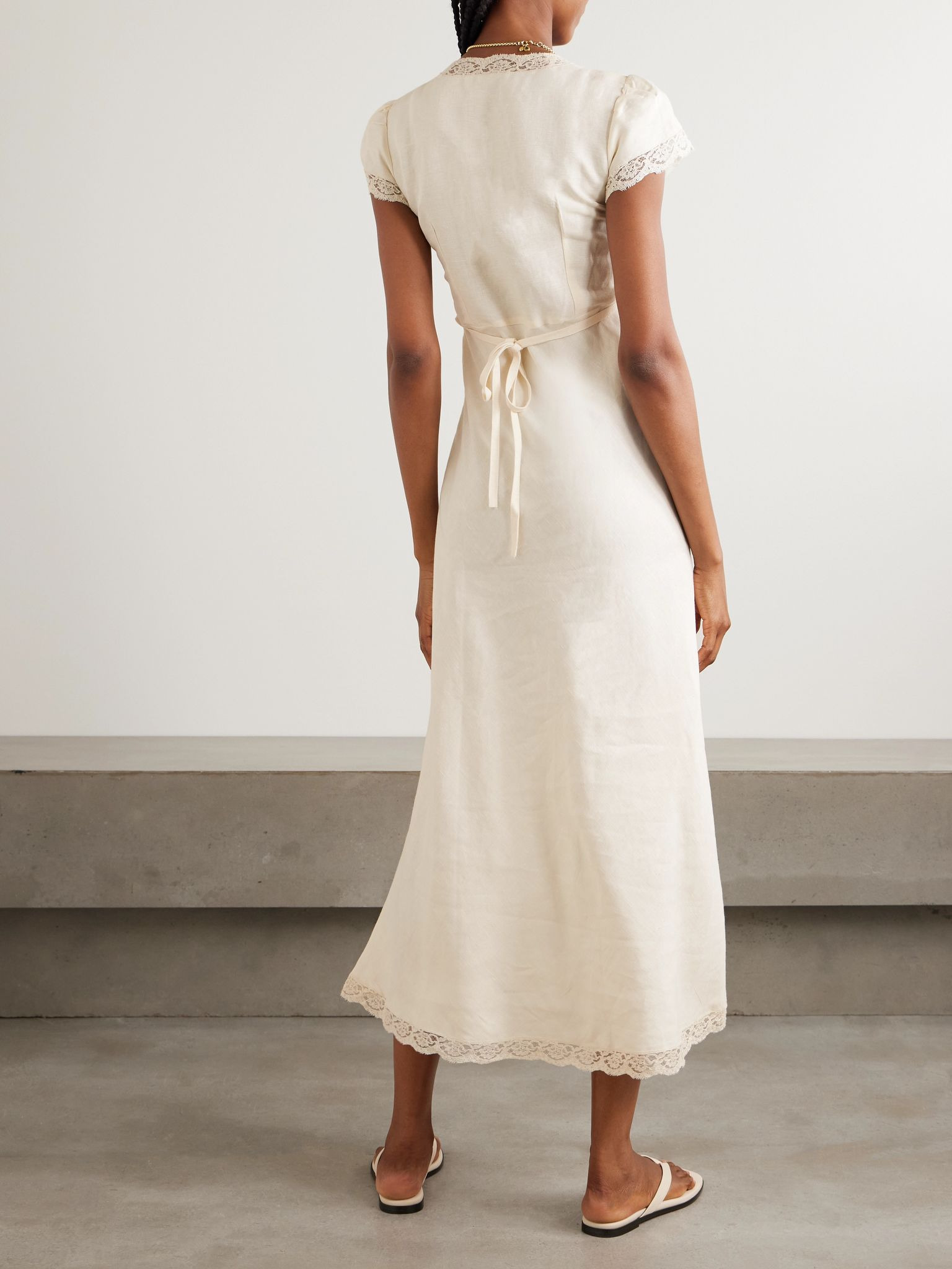 Clarice lace-trimmed linen-blend midi dress Cream - 3