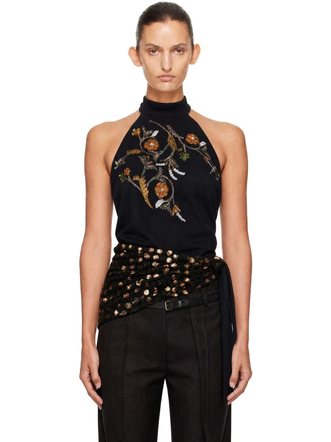 Black Sequinned Wrap Halter Blouse - 1