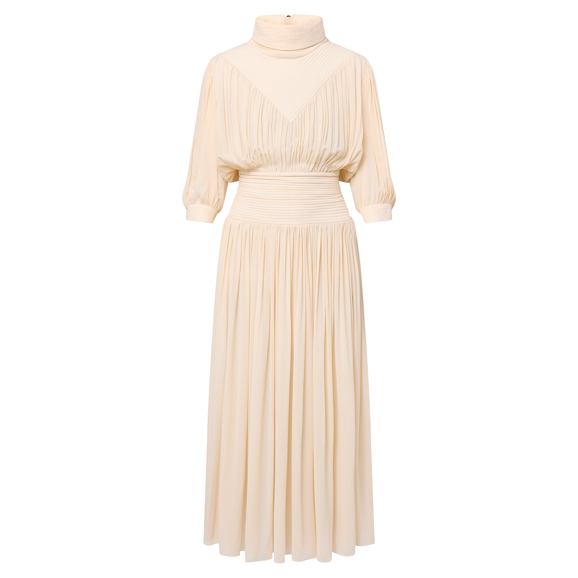 Fold-over Collar Gathered Silk Midi Dress - 1