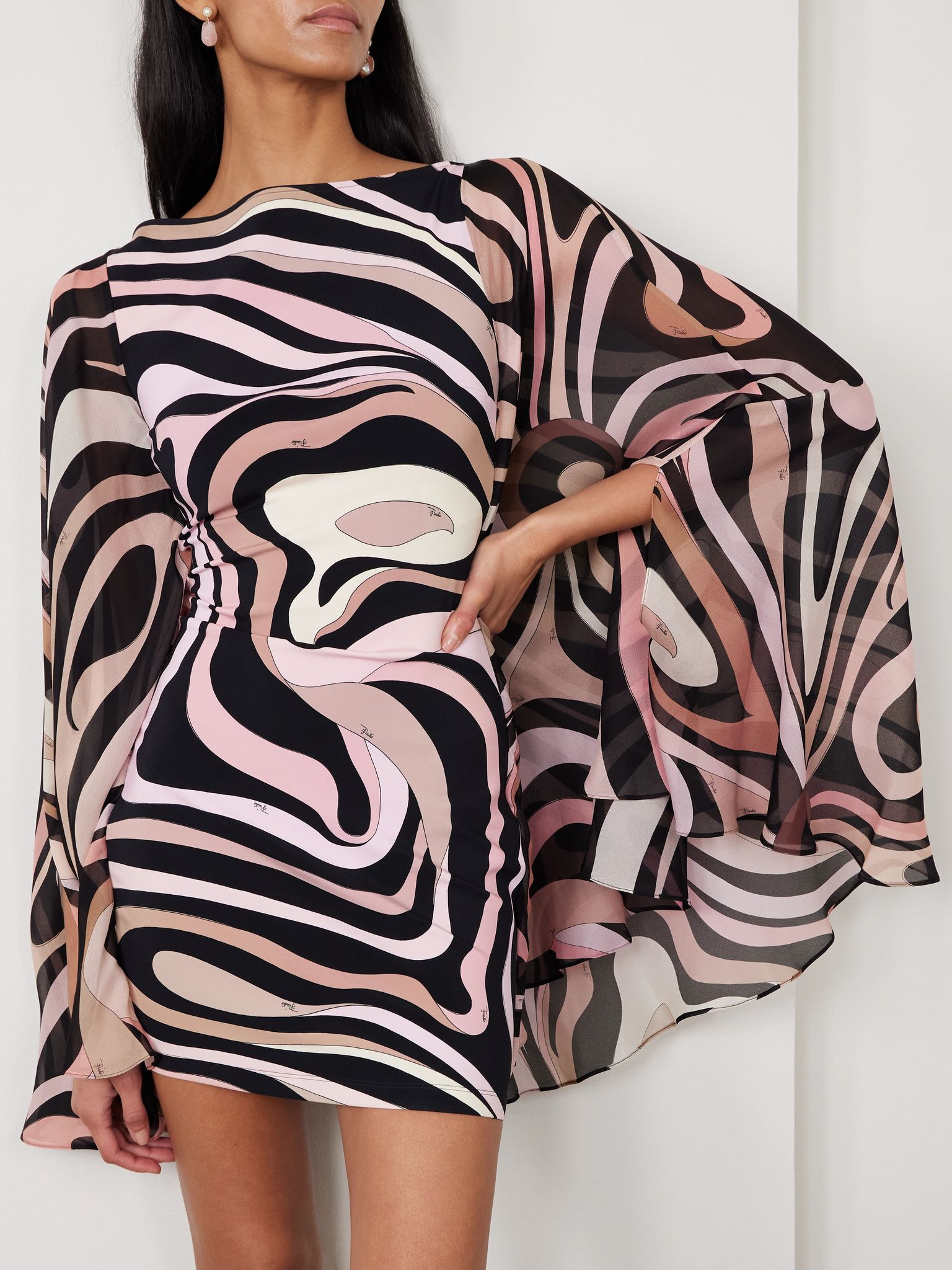 Cape-effect printed silk crepe de chine and stretch-jersey mini dress Pink - 3