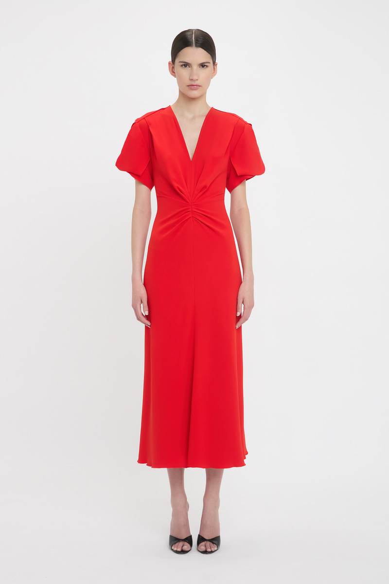Victoria Beckham Gathered V-Neck Midi Dress In Tomato outlook