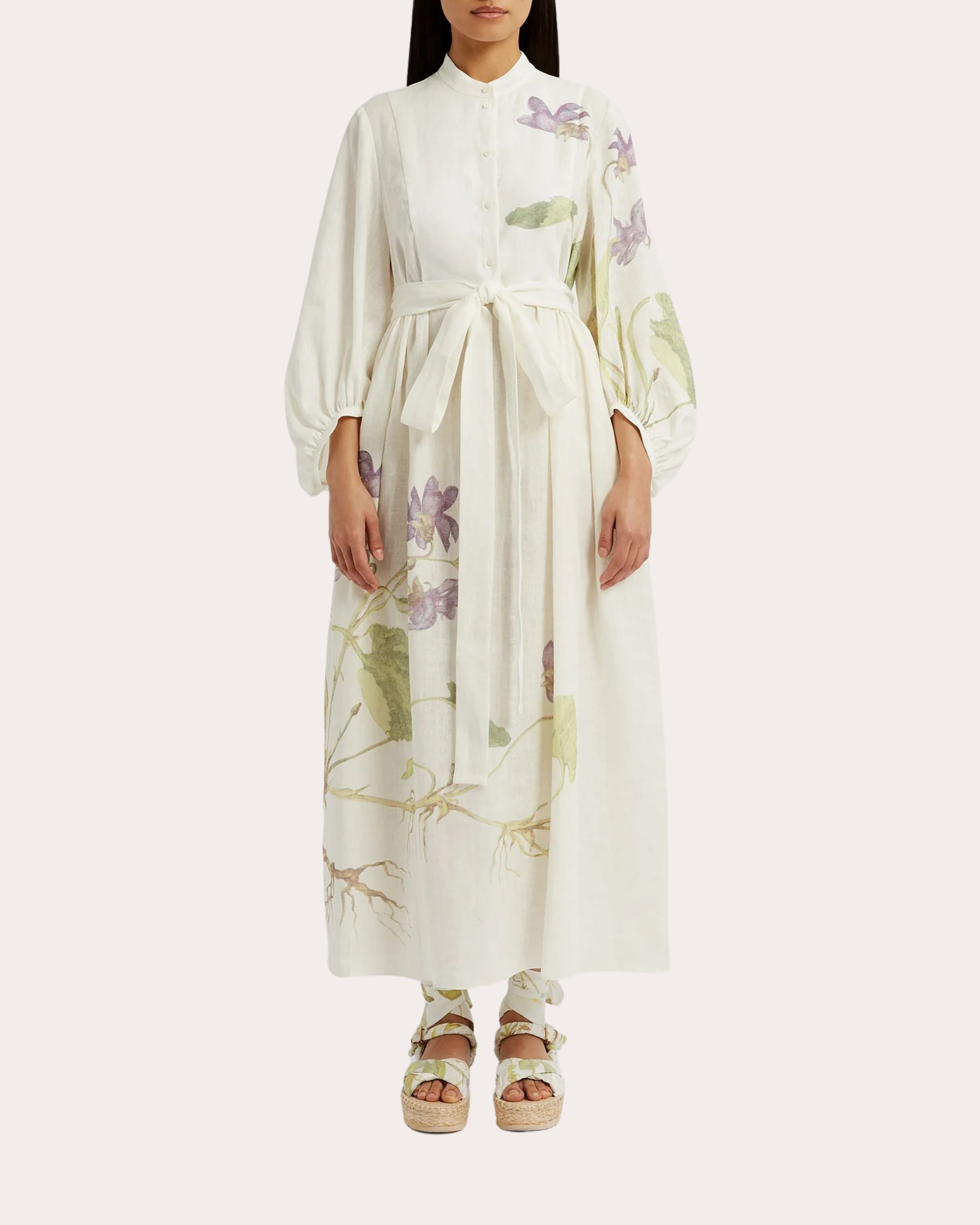 Floral Print Side Tie Linen Midi Dress - 3