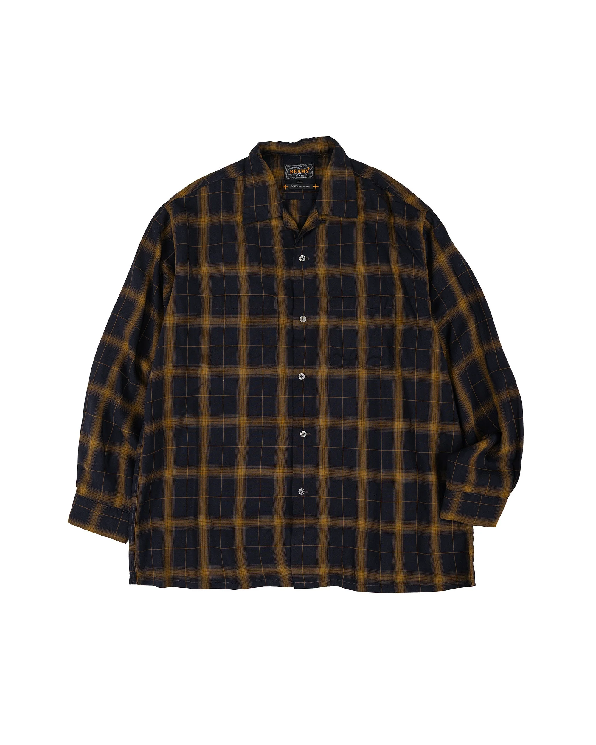 Open Collar Ombre Plaid Black Mustard Ombre - 1