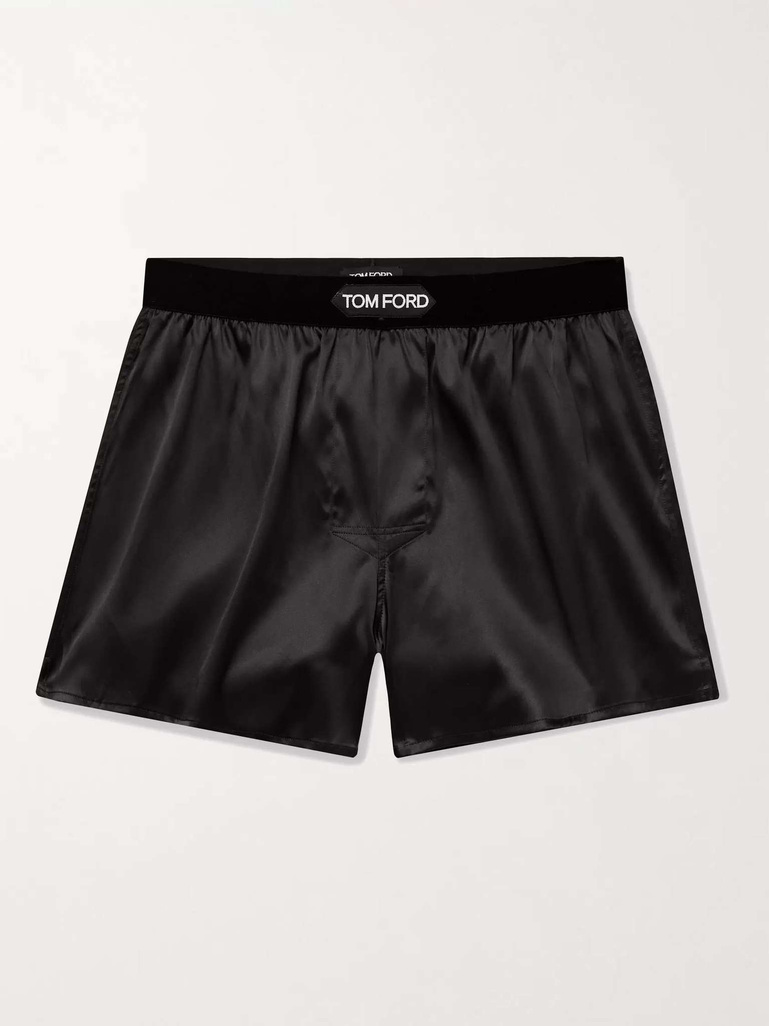 Velvet-Trimmed Stretch-Silk Satin Boxer Shorts - 1