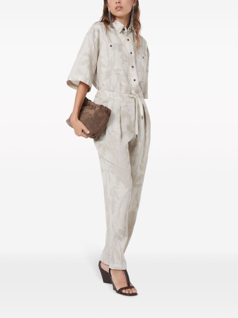 floral-jacquard linen tapered trousers - 2