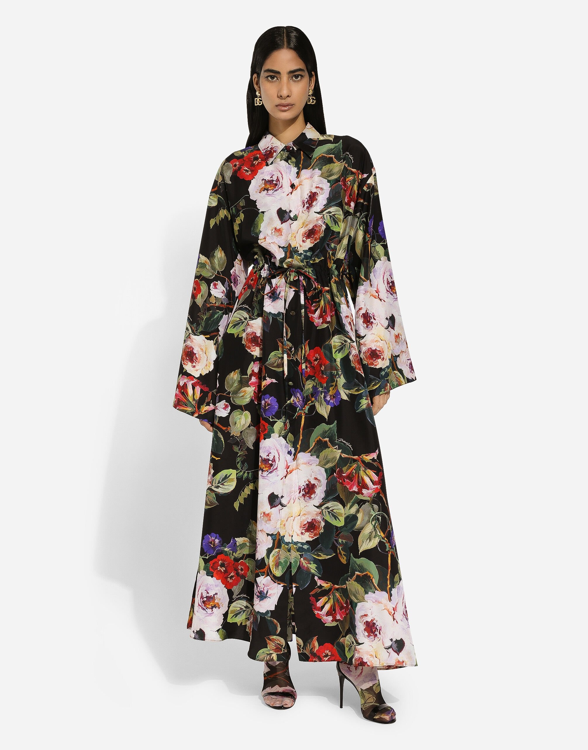 Silk caftan with rose garden print and drawstring - 2