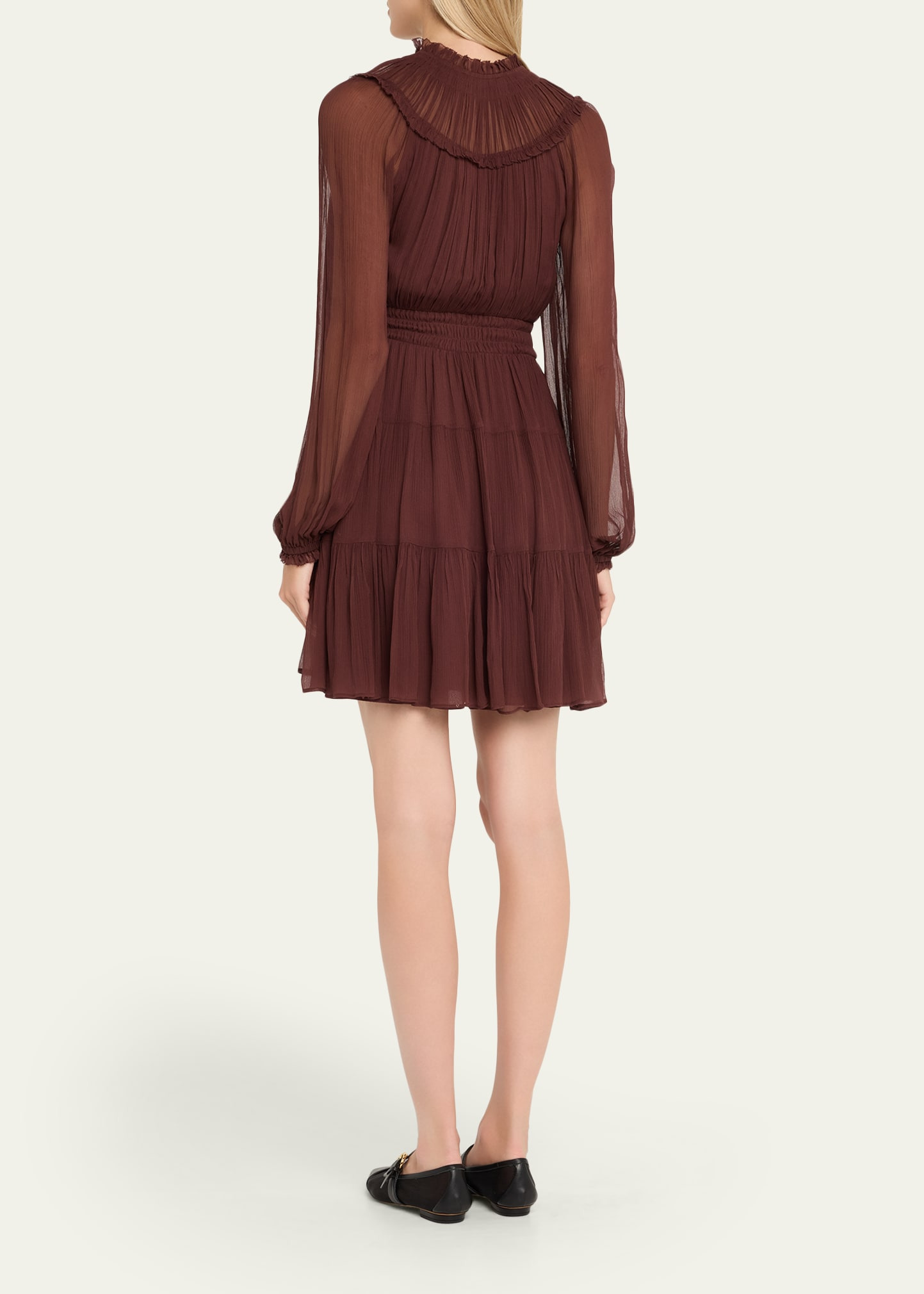 Ava Long-Sleeve Tiered Silk Mini Dress - 3