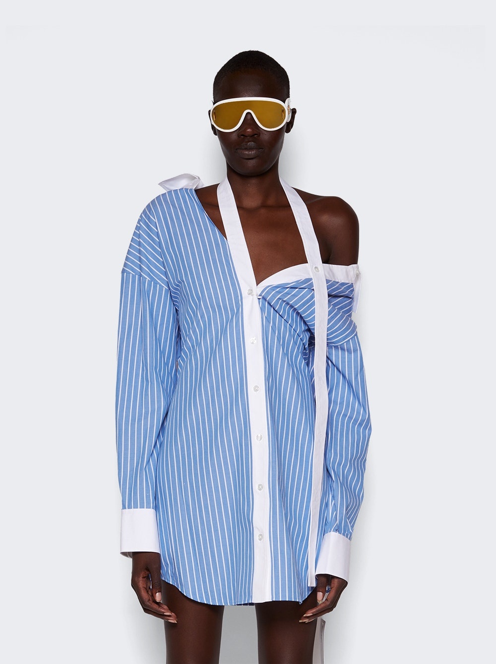 Striped Off-shoulder Shirt Dress Blue And White - 3