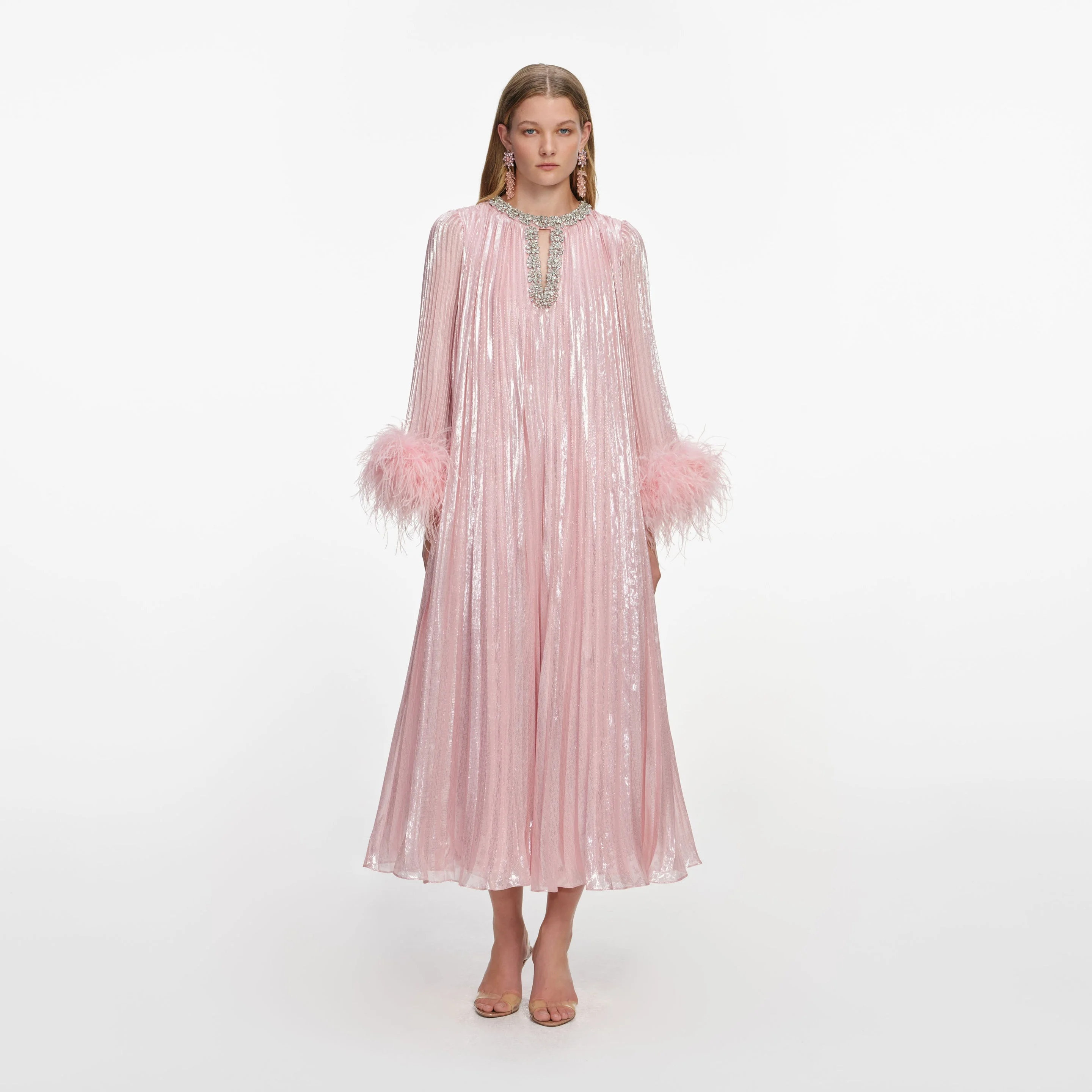 Pink Metallic Chiffon Feather Midi Dress - 1