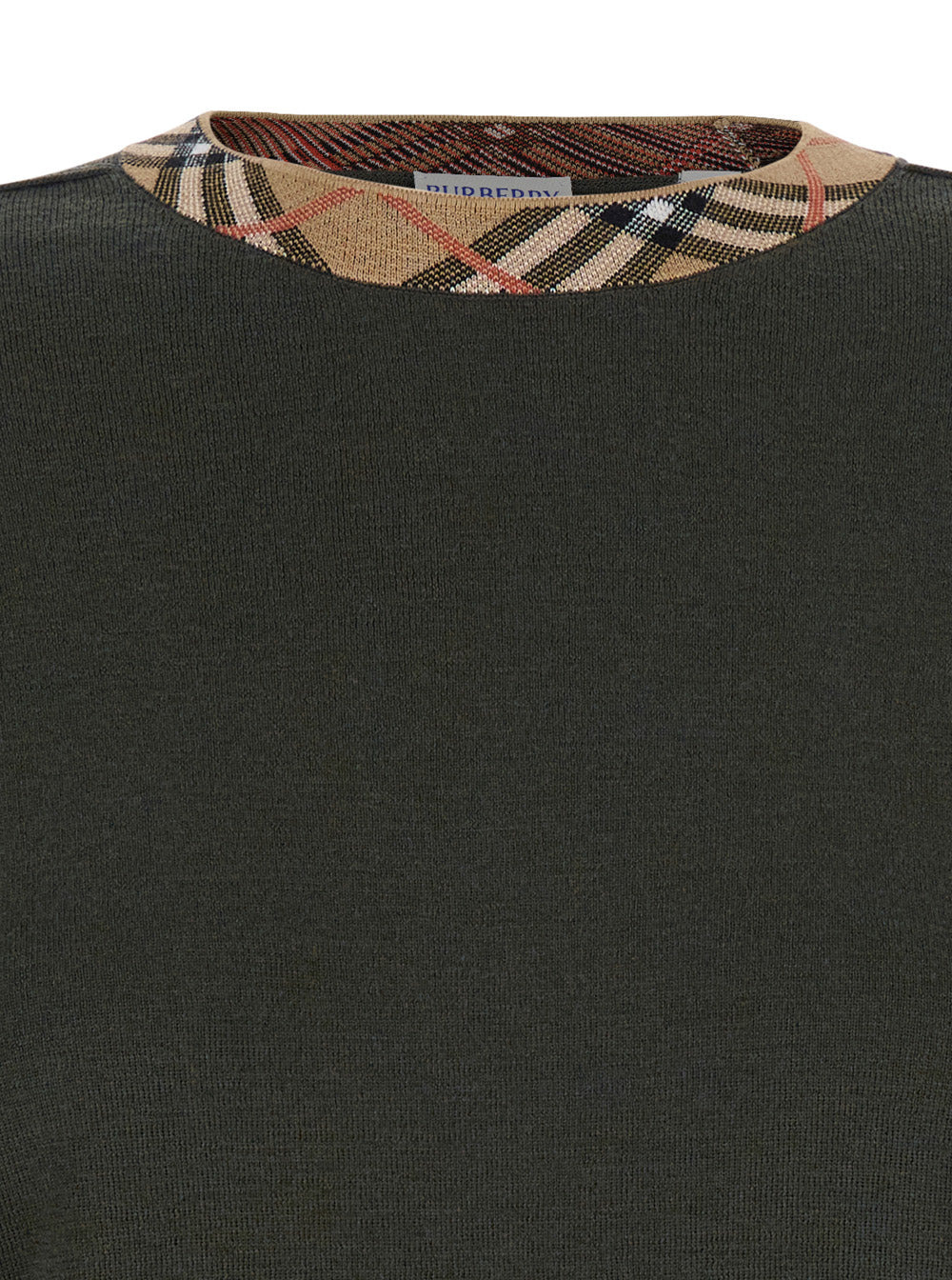 Burberry Women Grey Crewneck Sweater With Check Motif In The Collar And Ribbed Trims In Wool Woman - 3