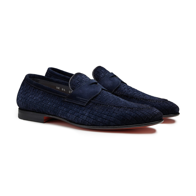 Santoni Men's blue woven suede Carlo penny loafer outlook