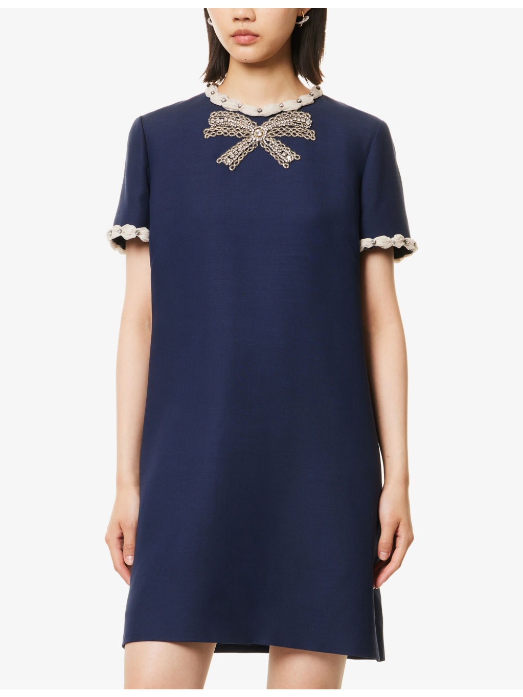 Embroidered Short-Sleeve Wool-Silk Mini Dress - 3