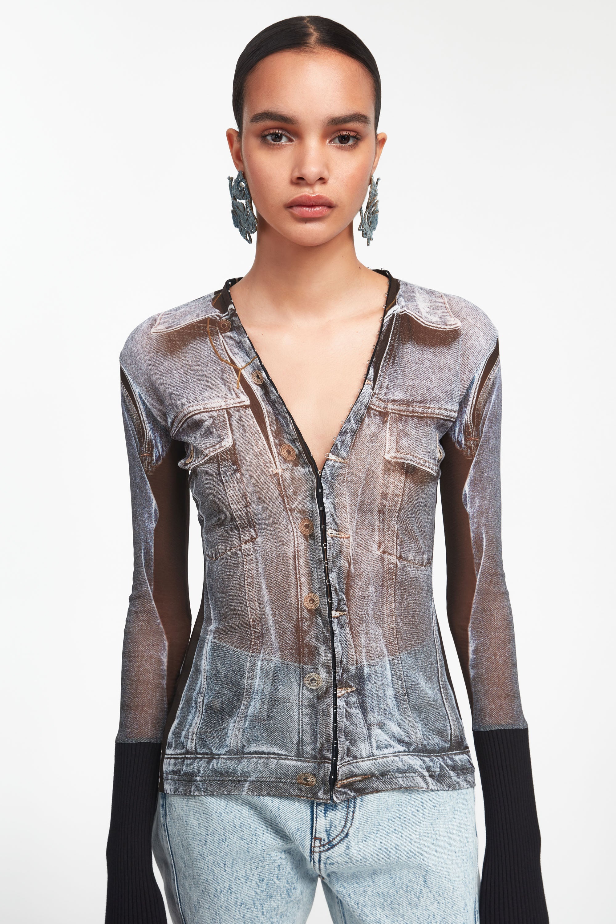 Trompe L'oeil Denim Hook and Eye Top - 1
