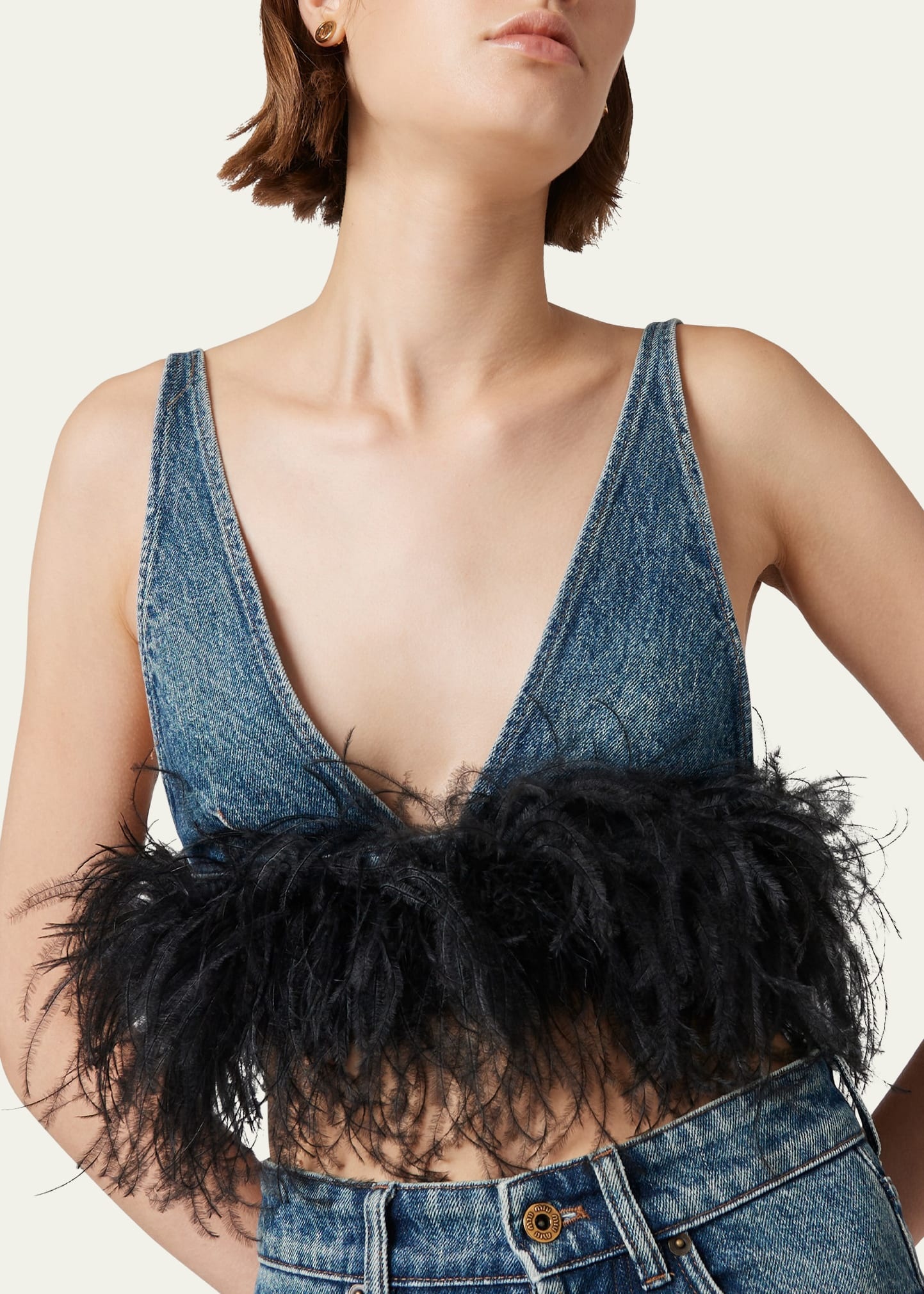 Denim Bra Top With Feather - 4