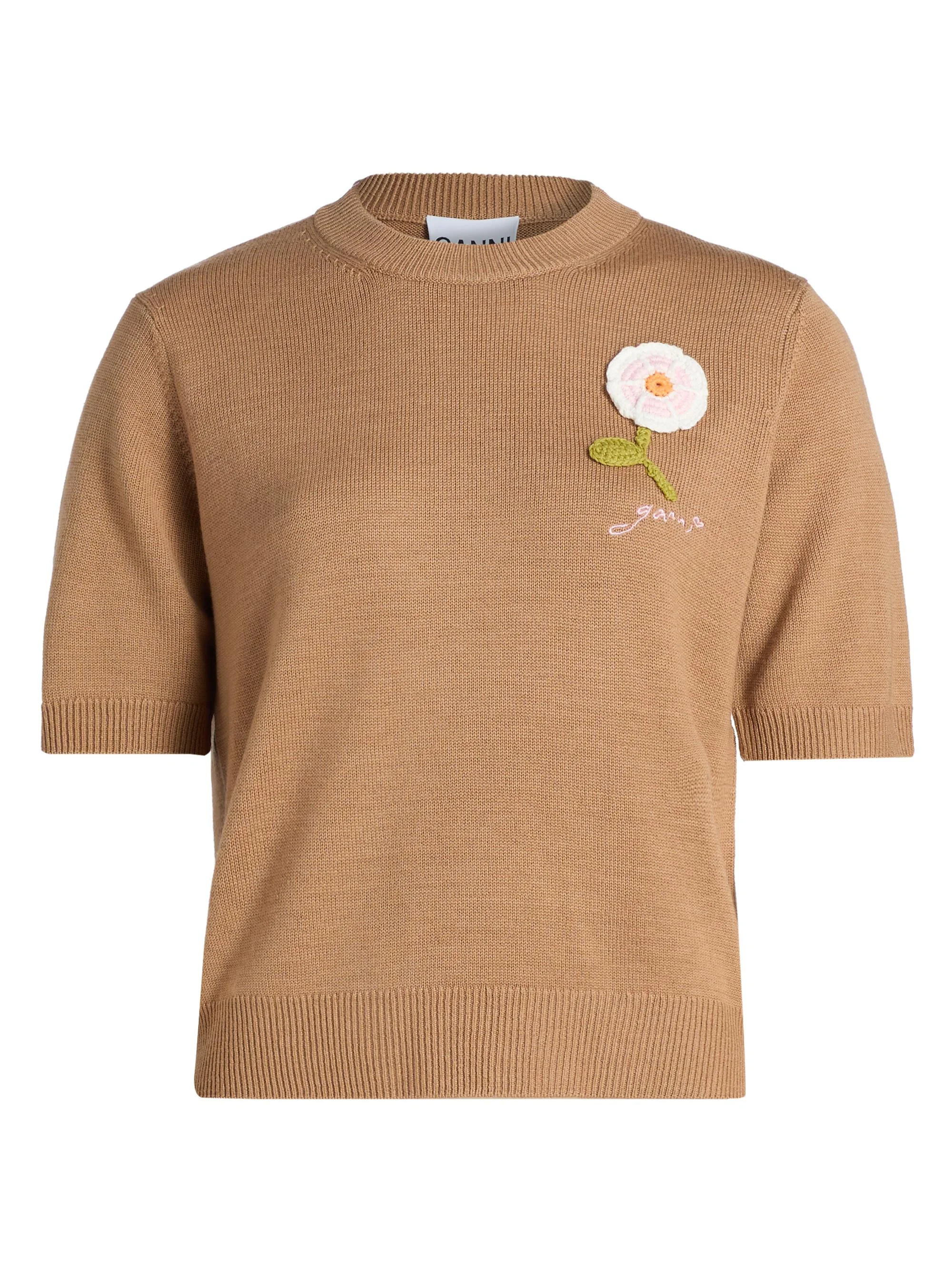 Women's Floral Crochet Wool-Cotton T-Shirt - Tobacco Brown - 1