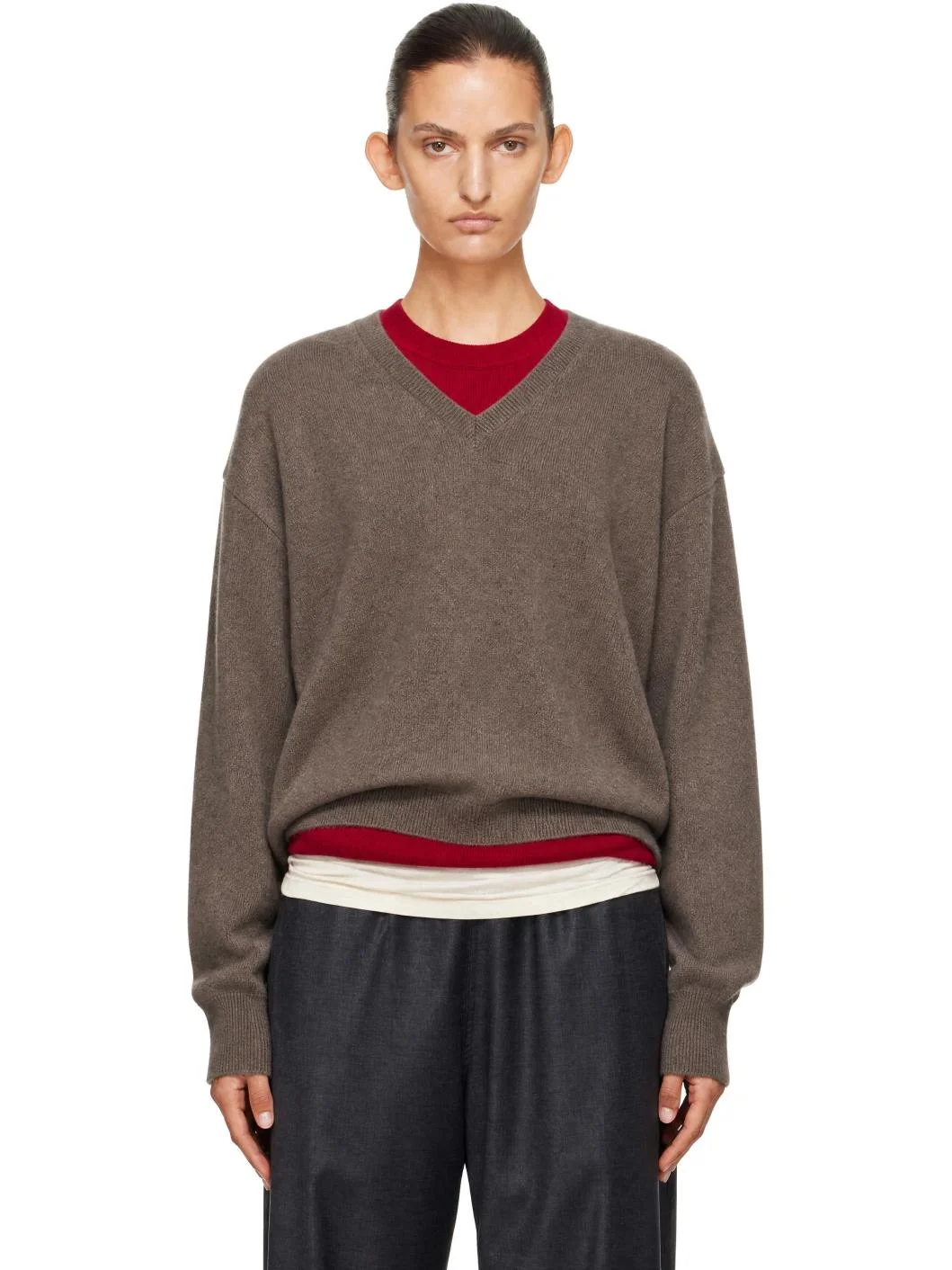 Taupe Pure Cashmere Knit V-Neck Sweater - 1