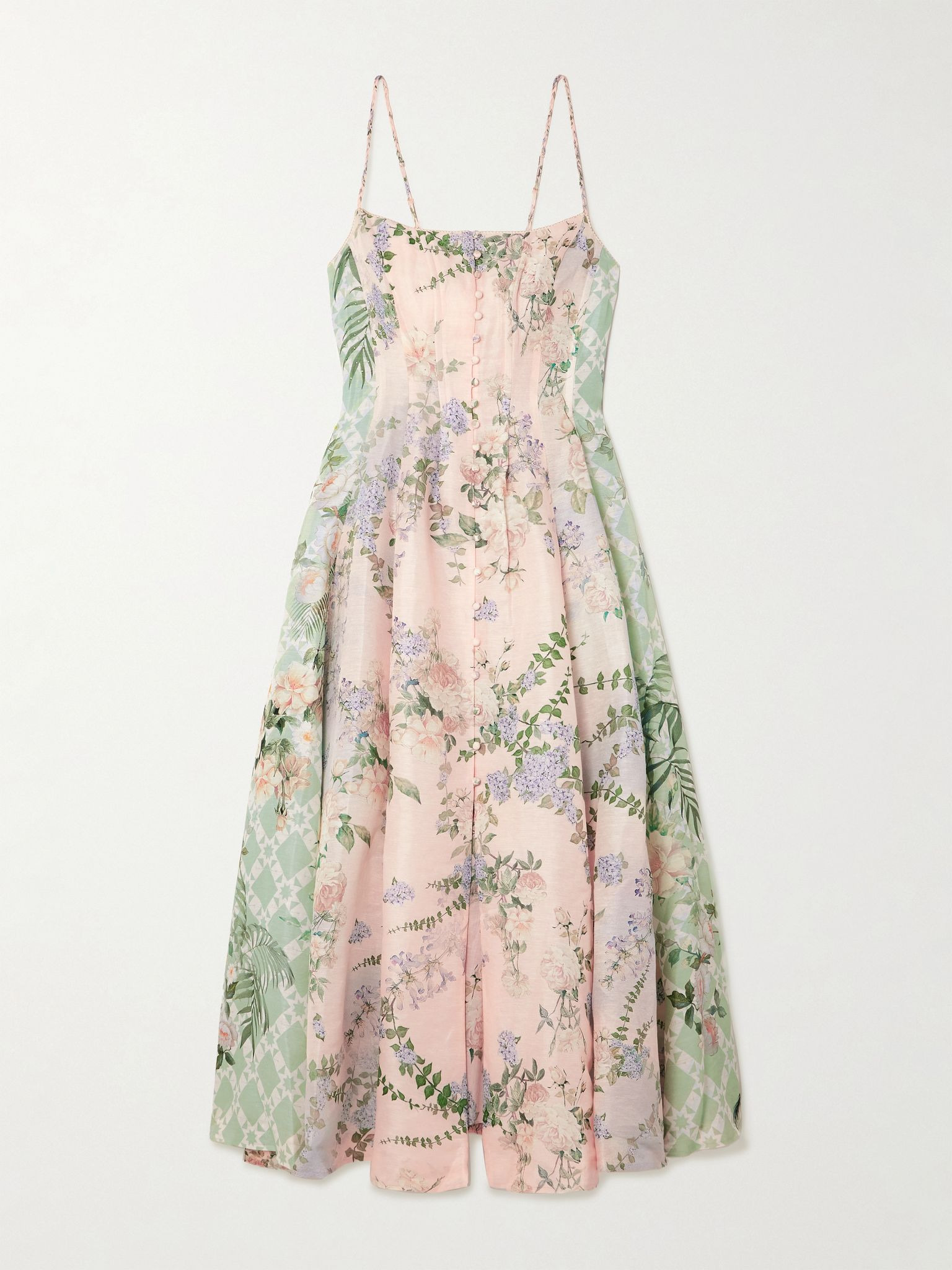Embellished floral-print linen and silk-blend midi dress Pink - 1