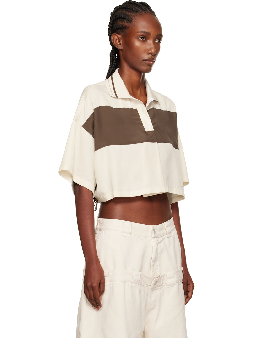 Off-White & Brown Cropped Side Ribbon Polo - 2