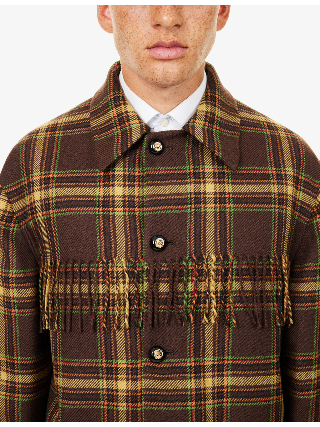 Check-Print Fringed Wool Jacket - 5