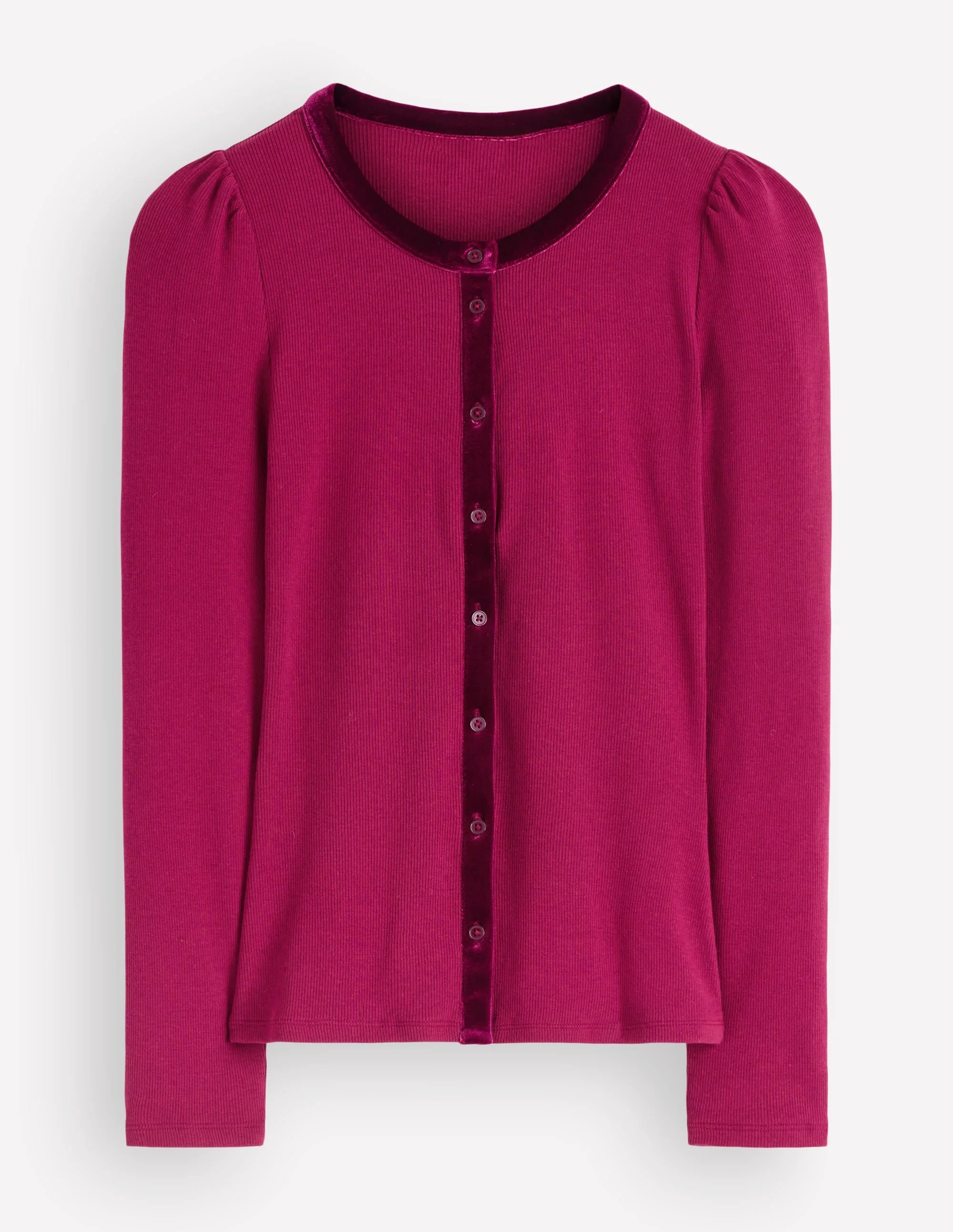 Velvet Trim Ribbed Cardigan-Beetroot Red - 1