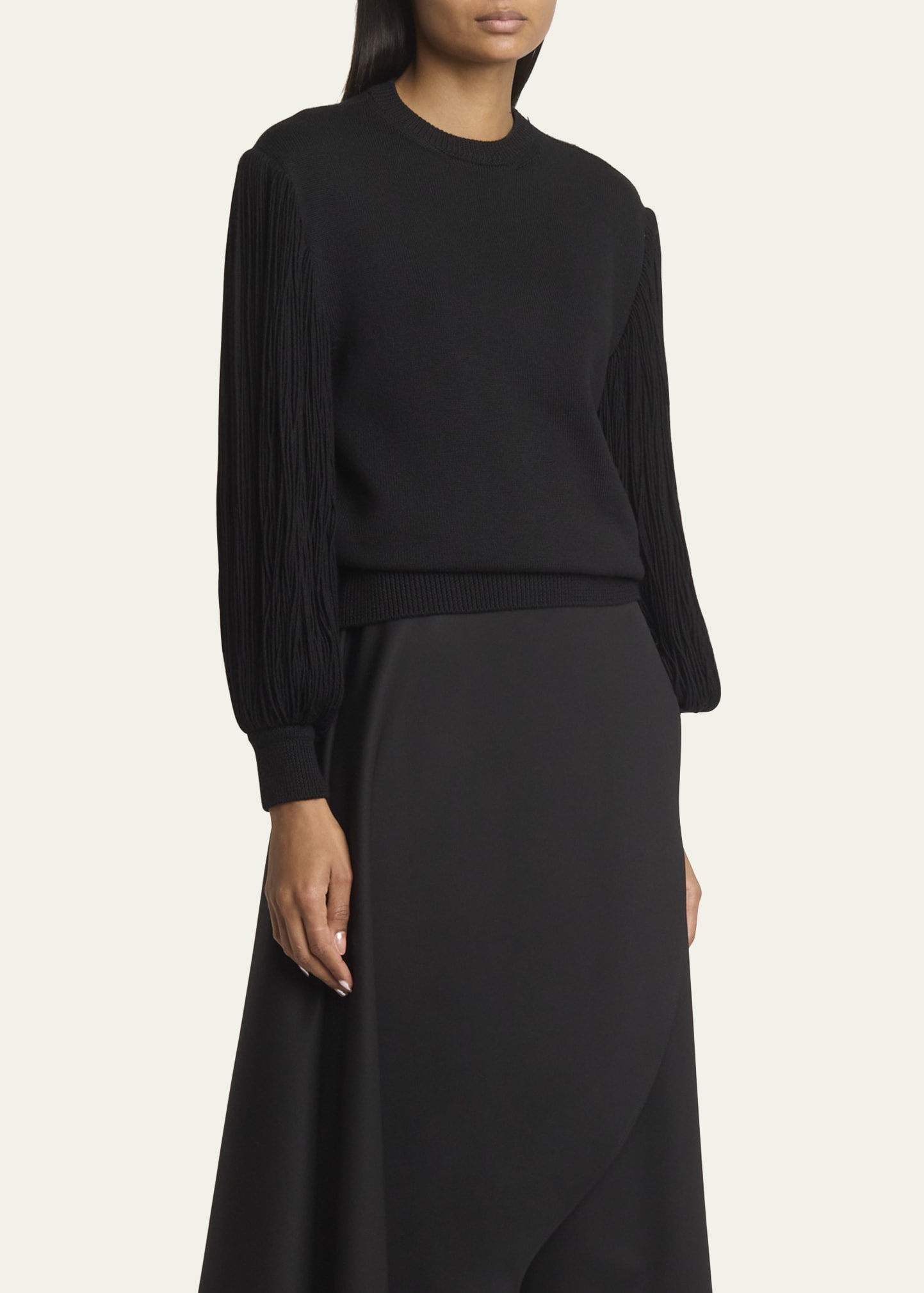 Slit Fringe Sleeve Wool Crewneck Sweater - 4