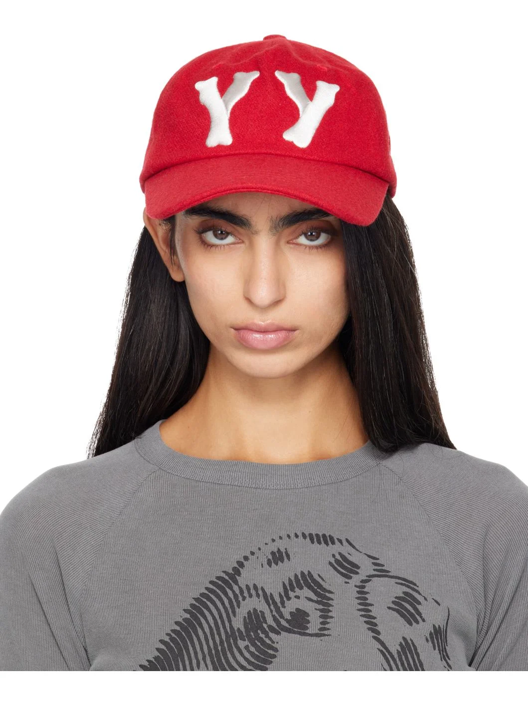 Red 'Yy' Wool Heart Bone Ball Cap - 1