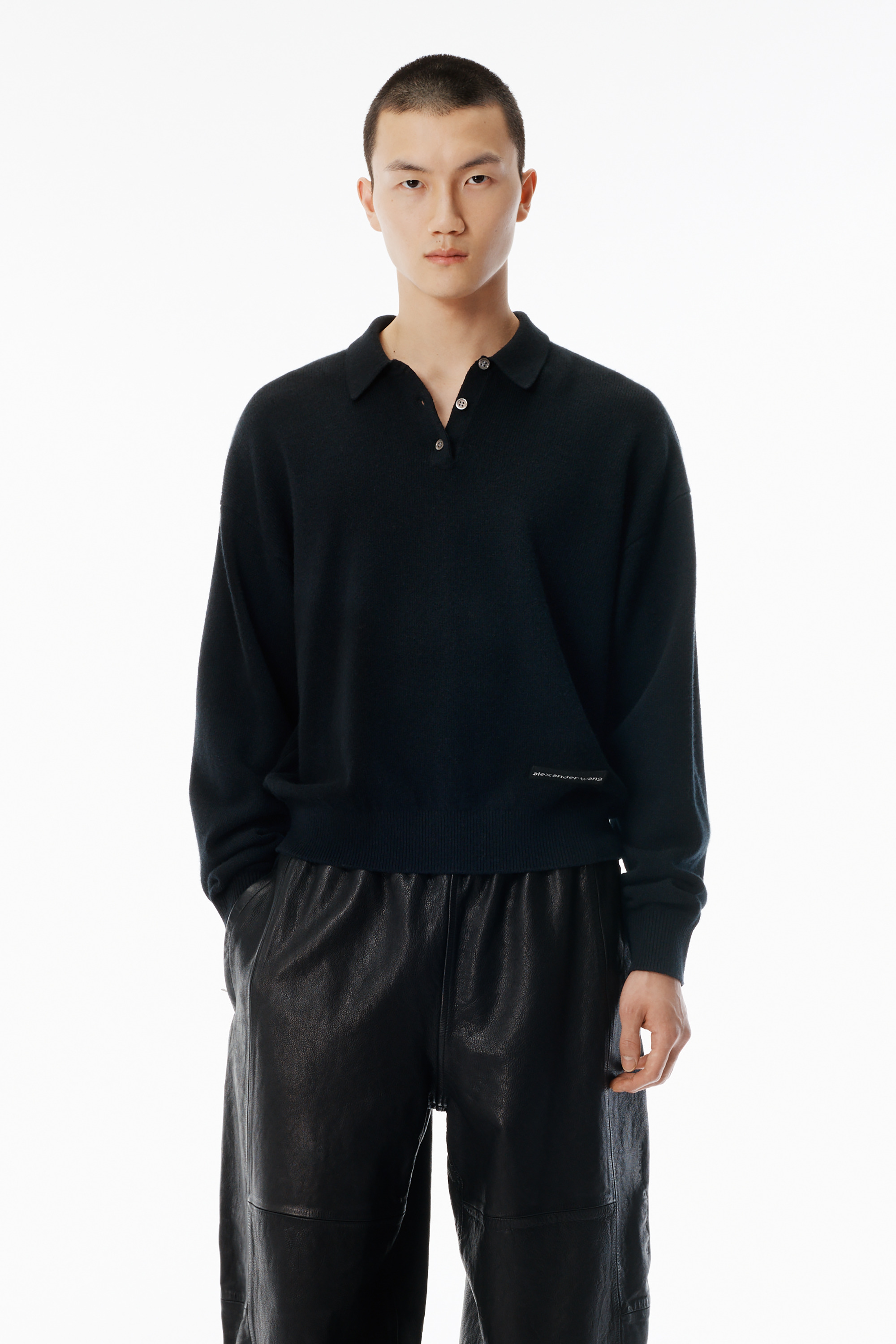 Black Wool-Blend Henley Pullover - 2