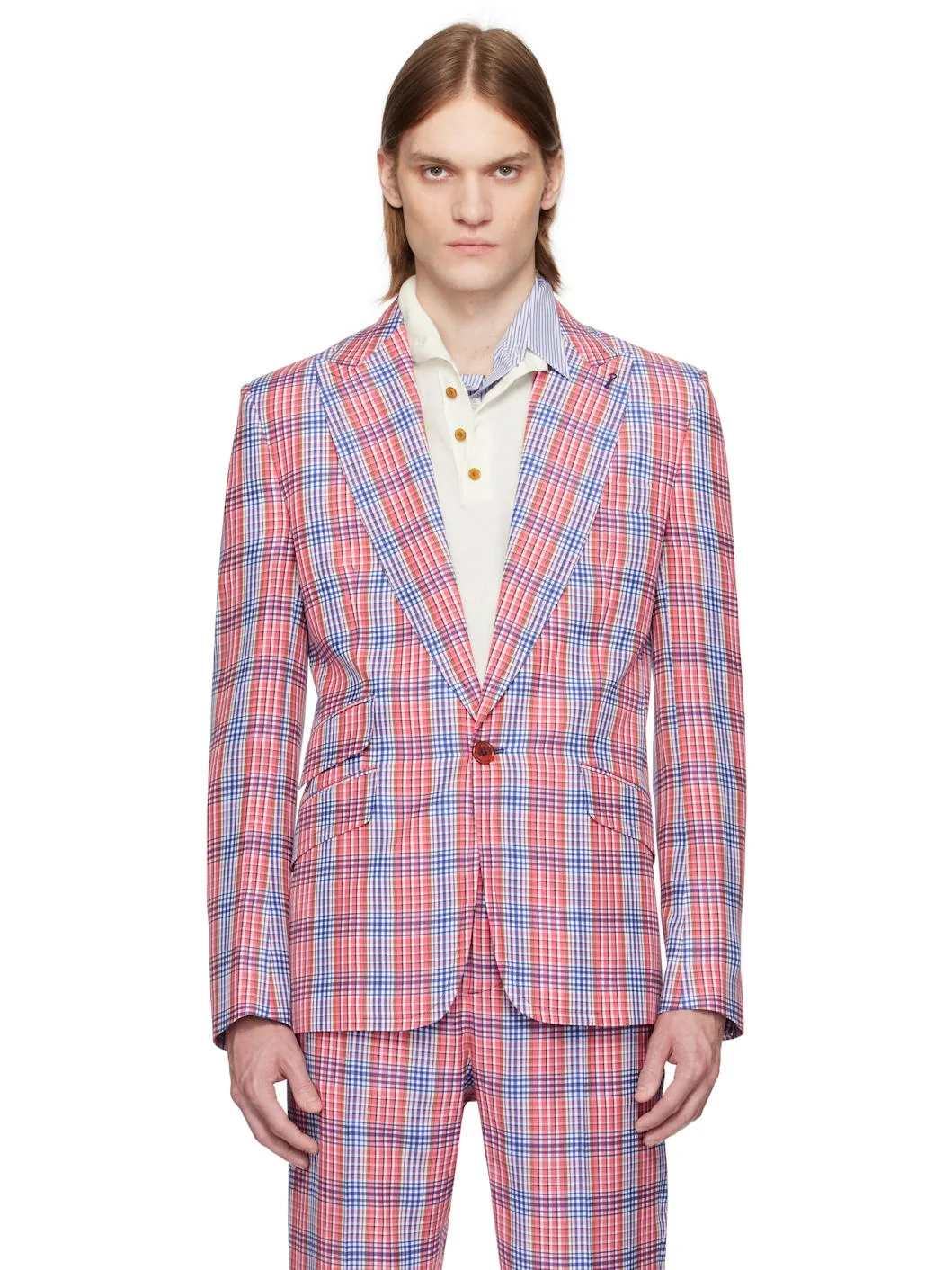 Red & Blue One Button Blazer - 1