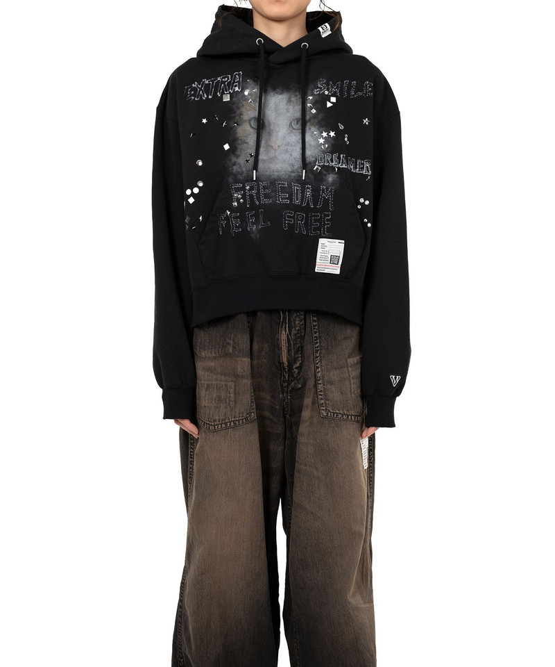 Cat Printed Embellished Distressed Hoodie 1