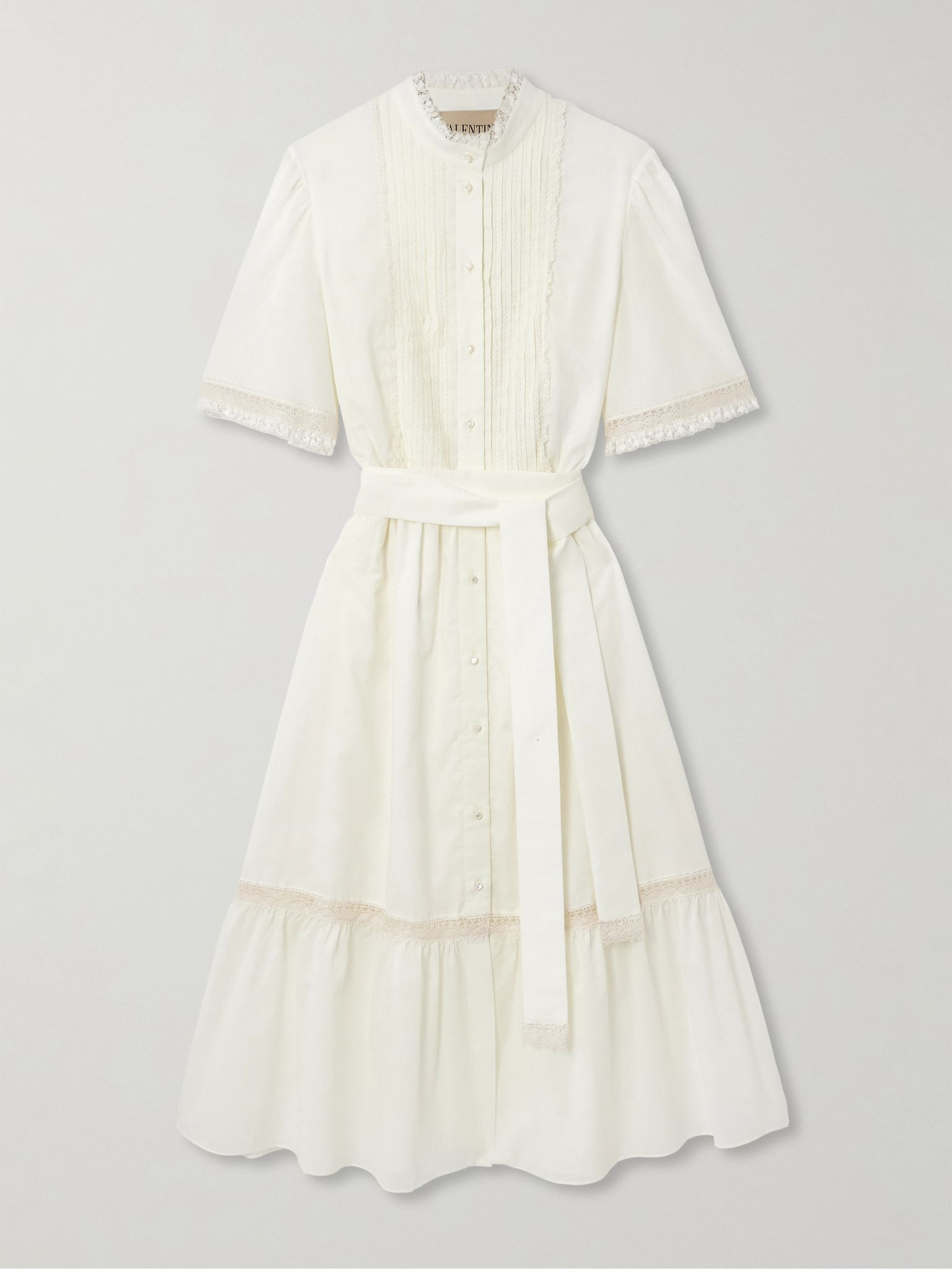 Belted lace-trimmed pintucked cotton-poplin midi dress White - 1