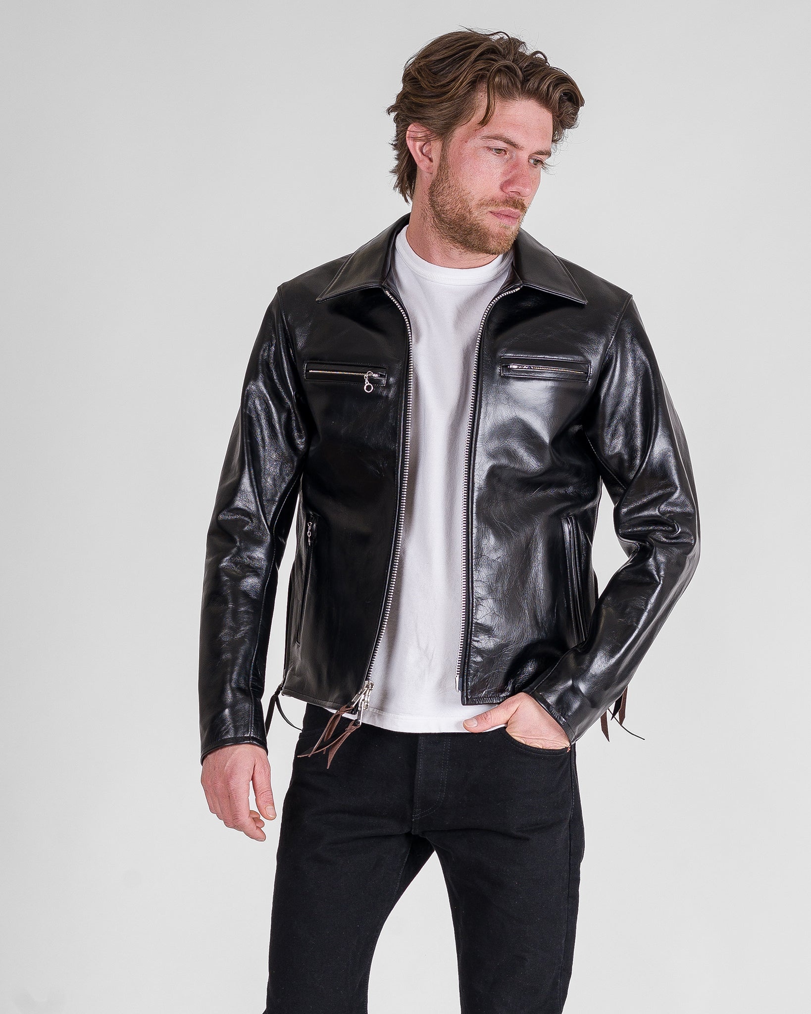 IHJ-54-BLK Japanese Horsehide Rider’s Jacket with Collar - Black (Tea-Core Dyed) - 2