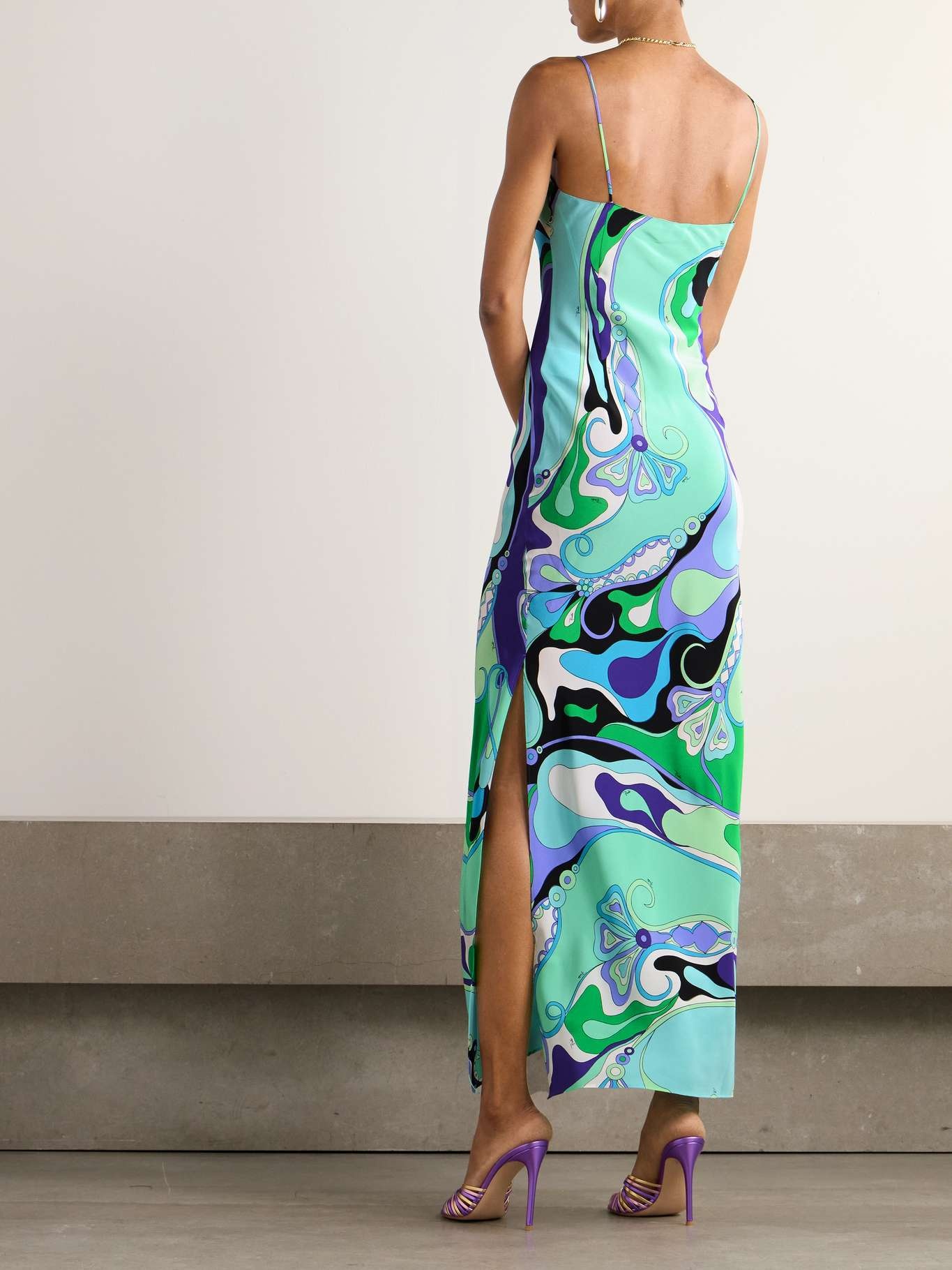 Printed silk crepe de chine maxi dress Blue - 3