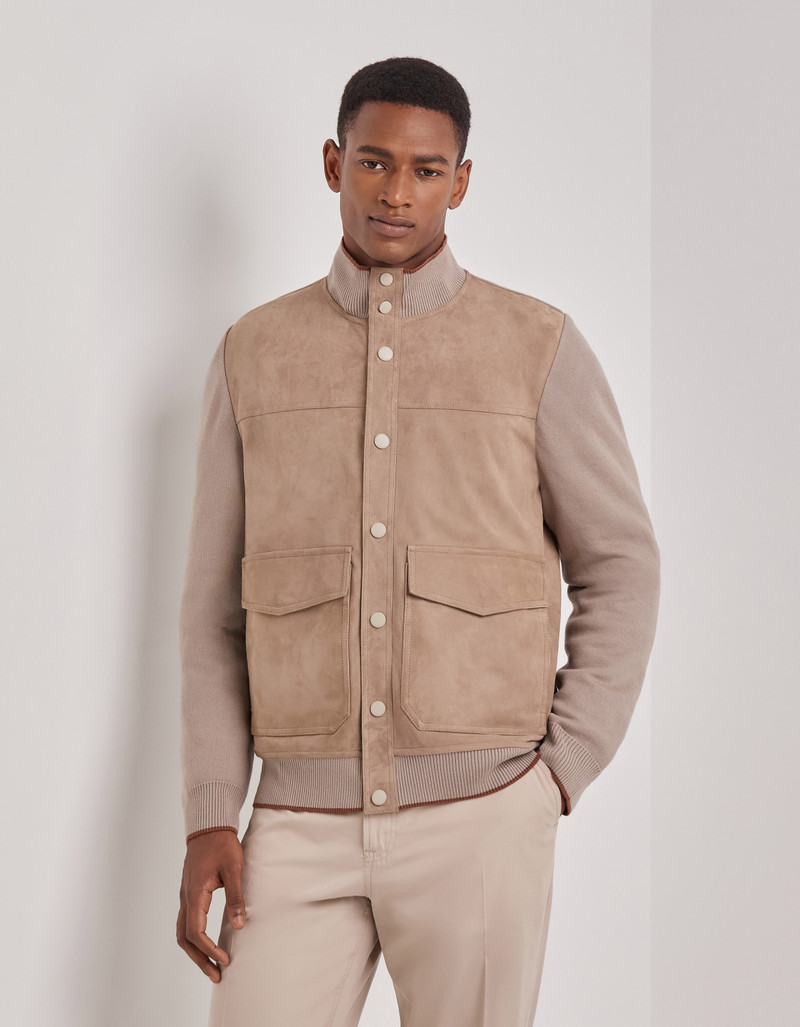 CARAMEL MIXED-MATERIAL ULTRALIGHT SUEDE BOMBER JACKET WITH KNIT INSERTS 3