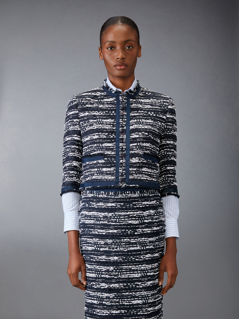 Thom Browne Mélange Tulle Yarn Tweed Drop Back Cardigan Jacket outlook