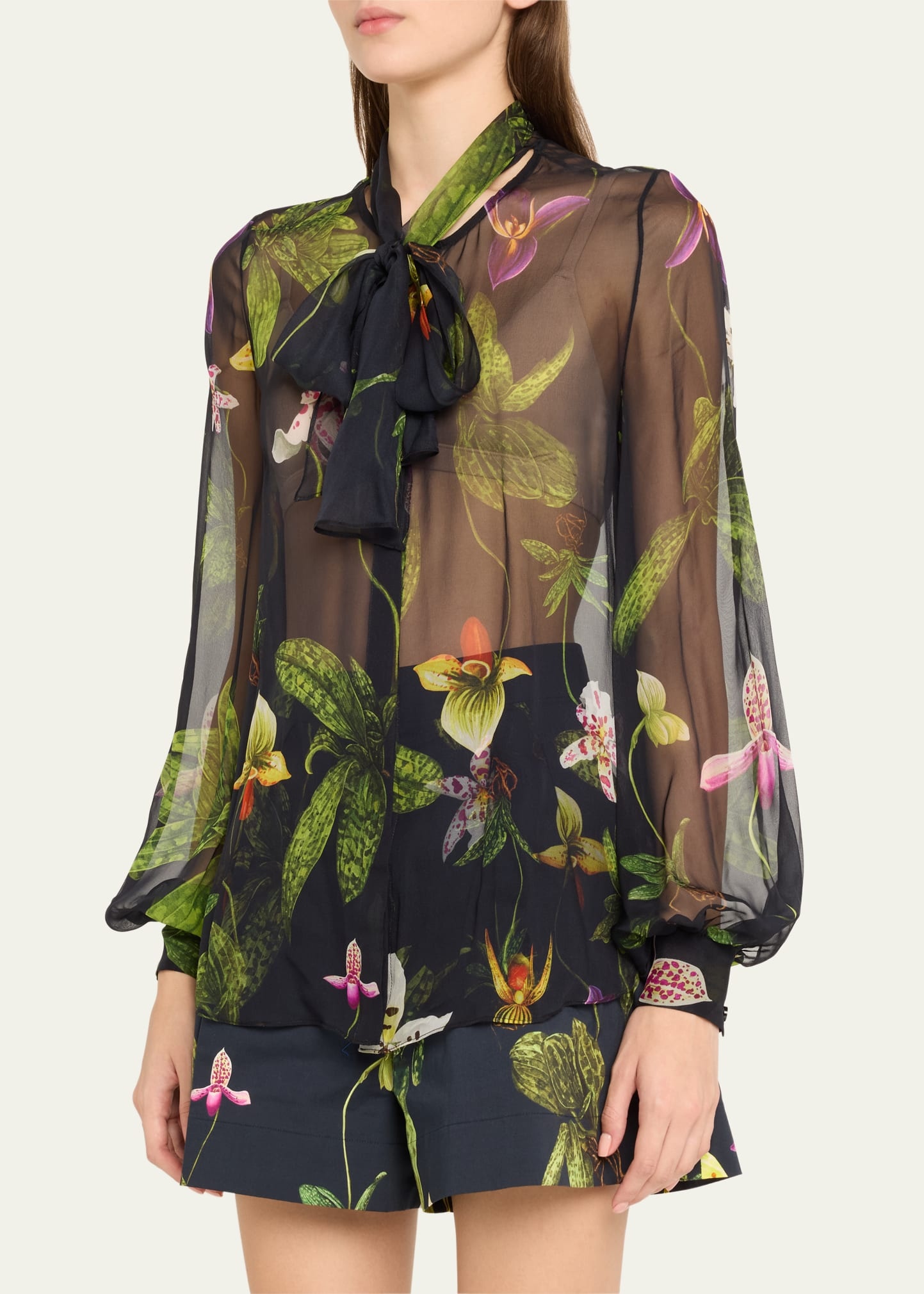 Orchid Print Chiffon Scarf-Tie Blouse - 4